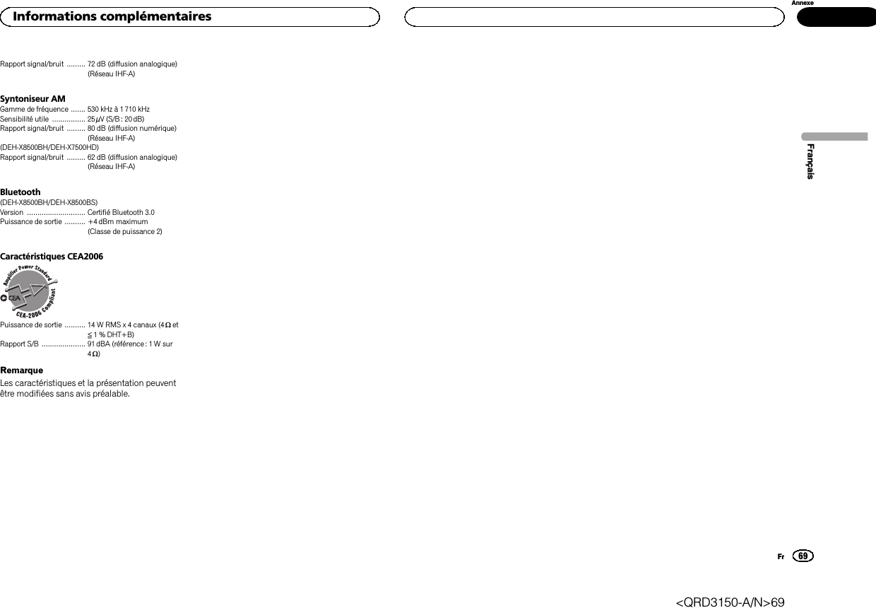 Rapport signal/bruit ......... 72 dB (diffusion analogique)(Réseau IHF-A)Syntoniseur AMGamme de fréquence ....... 530 kHz à 1710 kHzSensibilité utile ................ 25µV (S/B : 20 dB)Rapport signal/bruit ......... 80 dB (diffusion numérique)(Réseau IHF-A)(DEH-X8500BH/DEH-X7500HD)Rapport signal/bruit ......... 62 dB (diffusion analogique)(Réseau IHF-A)Bluetooth(DEH-X8500BH/DEH-X8500BS)Version ............................ Certifié Bluetooth 3.0Puissance de sortie .......... +4dBm maximum(Classe de puissance 2)Caractéristiques CEA2006Puissance de sortie .......... 14 W RMS x 4 canaux (4 Wet≦1 % DHT+B)Rapport S/B ..................... 91 dBA (référence : 1 W sur4W)RemarqueLes caractéristiques et la présentation peuventêtre modifiées sans avis préalable.FrançaisInformations complémentaires69AnnexeFr&lt;QRD3150-A/N&gt;69