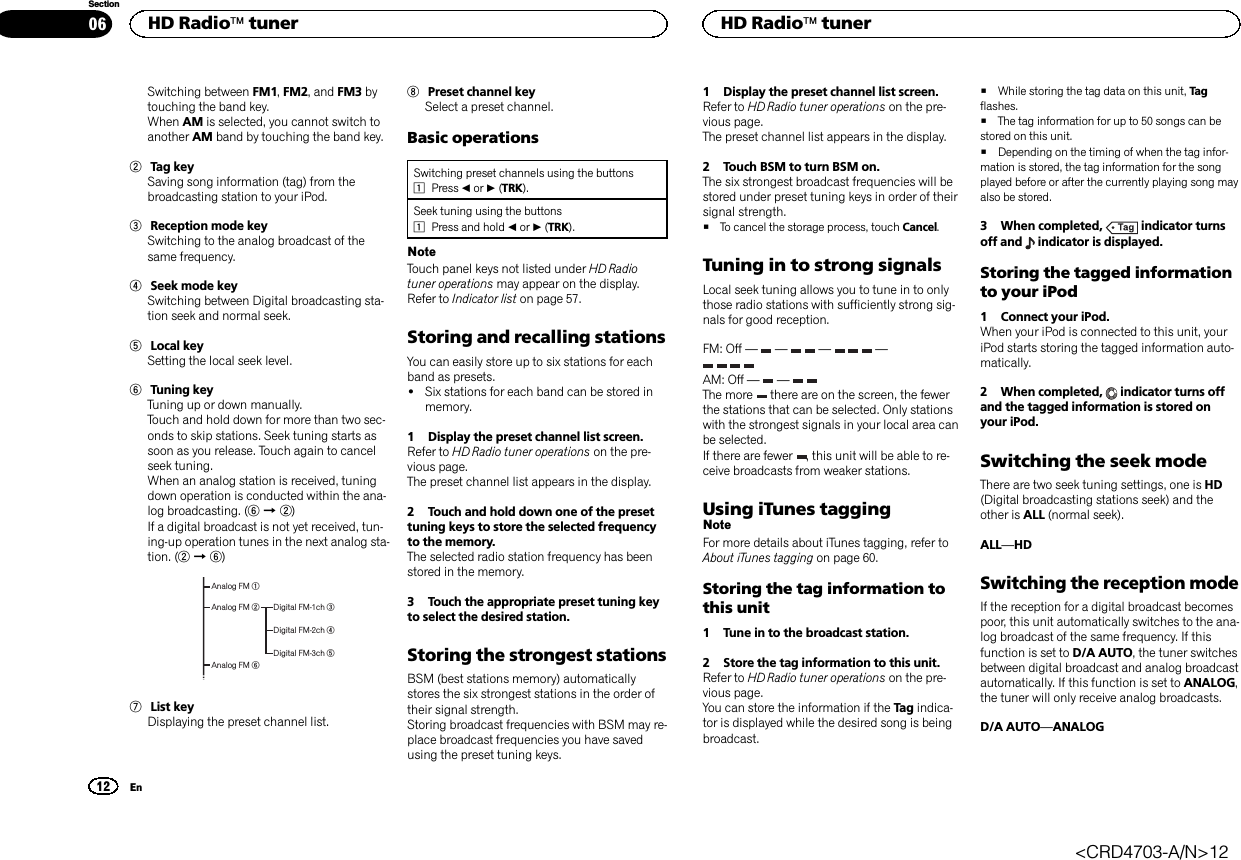 Switching between FM1,FM2, and FM3 bytouching the band key.When AM is selected, you cannot switch toanother AM band by touching the band key.2Tag keySaving song information (tag) from thebroadcasting station to your iPod.3Reception mode keySwitching to the analog broadcast of thesame frequency.4Seek mode keySwitching between Digital broadcasting sta-tion seek and normal seek.5Local keySetting the local seek level.6Tuning keyTuning up or down manually.Touch and hold down for more than two sec-onds to skip stations. Seek tuning starts assoon as you release. Touch again to cancelseek tuning.When an analog station is received, tuningdown operation is conducted within the ana-log broadcasting. (6d2)If a digital broadcast is not yet received, tun-ing-up operation tunes in the next analog sta-tion. (2d6)Analog FM 1Digital FM-1ch 3Digital FM-2ch 4Digital FM-3ch 5Analog FM 2Analog FM 67List keyDisplaying the preset channel list.8Preset channel keySelect a preset channel.Basic operationsSwitching preset channels using the buttons1Press cor d(TRK).Seek tuning using the buttons1Press and hold cor d(TRK).NoteTouch panel keys not listed under HD Radiotuner operations may appear on the display.Refer to Indicator list on page 57.Storing and recalling stationsYou can easily store up to six stations for eachband as presets.!Six stations for each band can be stored inmemory.1 Display the preset channel list screen.Refer to HD Radio tuner operations on the pre-vious page.The preset channel list appears in the display.2 Touch and hold down one of the presettuning keys to store the selected frequencyto the memory.The selected radio station frequency has beenstored in the memory.3 Touch the appropriate preset tuning keyto select the desired station.Storing the strongest stationsBSM (best stations memory) automaticallystores the six strongest stations in the order oftheir signal strength.Storing broadcast frequencies with BSM may re-place broadcast frequencies you have savedusing the preset tuning keys.1 Display the preset channel list screen.Refer to HD Radio tuner operations on the pre-vious page.The preset channel list appears in the display.2 Touch BSM to turn BSM on.The six strongest broadcast frequencies will bestored under preset tuning keys in order of theirsignal strength.#To cancel the storage process, touch Cancel.Tuning in to strong signalsLocal seek tuning allows you to tune in to onlythose radio stations with sufficiently strong sig-nals for good reception.FM: Off —— — —AM: Off — —The more there are on the screen, the fewerthe stations that can be selected. Only stationswith the strongest signals in your local area canbe selected.If there are fewer , this unit will be able to re-ceive broadcasts from weaker stations.Using iTunes taggingNoteFor more details about iTunes tagging, refer toAbout iTunes tagging on page 60.Storing the tag information tothis unit1 Tune in to the broadcast station.2 Store the tag information to this unit.Refer to HD Radio tuner operations on the pre-vious page.You can store the information if the Tag indica-tor is displayed while the desired song is beingbroadcast.#While storing the tag data on this unit, Tagflashes.#The tag information for up to 50 songs can bestored on this unit.#Depending on the timing of when the tag infor-mation is stored, the tag information for the songplayed before or after the currently playing song mayalso be stored.3 When completed, indicator turnsoff and indicator is displayed.Storing the tagged informationto your iPod1 Connect your iPod.When your iPod is connected to this unit, youriPod starts storing the tagged information auto-matically.2 When completed, indicator turns offand the tagged information is stored onyour iPod.Switching the seek modeThere are two seek tuning settings, one is HD(Digital broadcasting stations seek) and theother is ALL (normal seek).ALL—HDSwitching the reception modeIf the reception for a digital broadcast becomespoor, this unit automatically switches to the ana-log broadcast of the same frequency. If thisfunction is set to D/A AUTO, the tuner switchesbetween digital broadcast and analog broadcastautomatically. If this function is set to ANALOG,the tuner will only receive analog broadcasts.D/A AUTO—ANALOGHD Radioätuner12SectionHD RadioätunerEn06&lt;CRD4703-A/N&gt;12