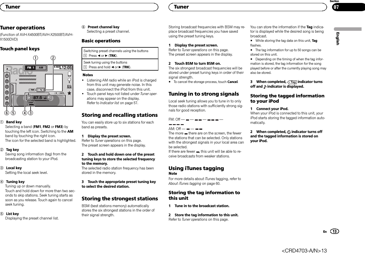 Tuner operations(Function of AVH-X4500BT/AVH-X2500BT/AVH-X1500DVD)Touch panel keysRadio8 AUGPM12:05123456FM AM1HDLocal87.5MHzDIGITALTex tTag134562WWWWWWWWWWWWWWWWWWWWWWWW1Band keySelecting a band (FM1,FM2 or FM3)bytouching the left icon. Switching to the AMband by touching the right icon.The icon for the selected band is highlighted.2Tag keySaving song information (tag) from thebroadcasting station to your iPod.3Local keySetting the local seek level.4Tuning keyTuning up or down manually.Touch and hold down for more than two sec-onds to skip stations. Seek tuning starts assoon as you release. Touch again to cancelseek tuning.5List keyDisplaying the preset channel list.6Preset channel keySelecting a preset channel.Basic operationsSwitching preset channels using the buttons1Press cor d(TRK).Seek tuning using the buttons1Press and hold cor d(TRK).Notes!Listening AM radio while an iPod is chargedfrom this unit may generate noise. In thiscase, disconnect the iPod from this unit.!Touch panel keys not listed under Tuner oper-ations may appear on the display.Refer to Indicator list on page 57.Storing and recalling stationsYou can easily store up to six stations for eachband as presets.1 Display the preset screen.Refer to Tuner operations on this page.The preset screen appears in the display.2 Touch and hold down one of the presettuning keys to store the selected frequencyto the memory.The selected radio station frequency has beenstored in the memory.3 Touch the appropriate preset tuning keyto select the desired station.Storing the strongest stationsBSM (best stations memory) automaticallystores the six strongest stations in the order oftheir signal strength.Storing broadcast frequencies with BSM may re-place broadcast frequencies you have savedusing the preset tuning keys.1 Display the preset screen.Refer to Tuner operations on this page.The preset screen appears in the display.2 Touch BSM to turn BSM on.The six strongest broadcast frequencies will bestored under preset tuning keys in order of theirsignal strength.#To cancel the storage process, touch Cancel.Tuning in to strong signalsLocal seek tuning allows you to tune in to onlythose radio stations with sufficiently strong sig-nals for good reception.FM: Off —— — —AM: Off — —The more there are on the screen, the fewerthe stations that can be selected. Only stationswith the strongest signals in your local area canbe selected.If there are fewer , this unit will be able to re-ceive broadcasts from weaker stations.Using iTunes taggingNoteFor more details about iTunes tagging, refer toAbout iTunes tagging on page 60.Storing the tag information tothis unit1 Tune in to the broadcast station.2 Store the tag information to this unit.Refer to Tuner operations on this page.You can store the information if the Tag indica-tor is displayed while the desired song is beingbroadcast.#While storing the tag data on this unit, Tagflashes.#The tag information for up to 50 songs can bestored on this unit.#Depending on the timing of when the tag infor-mation is stored, the tag information for the songplayed before or after the currently playing song mayalso be stored.3 When completed, indicator turnsoff and indicator is displayed.Storing the tagged informationto your iPod1 Connect your iPod.When your iPod is connected to this unit, youriPod starts storing the tagged information auto-matically.2 When completed, indicator turns offand the tagged information is stored onyour iPod.EnglishTuner13SectionTunerEn07&lt;CRD4703-A/N&gt;13