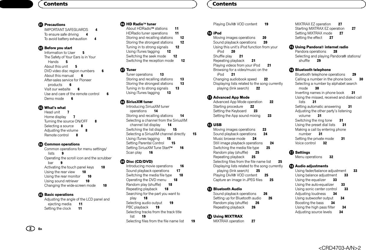 PrecautionsIMPORTANT SAFEGUARDS 4To ensure safe driving 4To avoid battery exhaustion 4Before you startInformation to User 5The Safety of Your Ears is in YourHands 5About this unit 5DVD video disc region numbers 6About this manual 6After-sales service for Pioneerproducts 6Visit our website 6Use and care of the remote control 6Demo mode 6What’s whatHead unit 7Home display 7Turning the source ON/OFF 8Selecting a source 8Adjusting the volume 8Remote control 8Common operationsCommon operations for menu settings/lists 9Operating the scroll icon and the scrubberbar 9Activating the touch panel keys 10Using the rear view 10Using the rear monitor 10Using sound retriever 10Changing the wide-screen mode 10Basic operationsAdjusting the angle of the LCD panel andejecting media 11Setting the clock 11HD RadioätunerAbout HDRadioästations 11HDRadio tuner operations 11Storing and recalling stations 12Storing the strongest stations 12Tuning in to strong signals 12Using iTunes tagging 12Switching the seek mode 12Switching the reception mode 12TunerTuner operations 13Storing and recalling stations 13Storing the strongest stations 13Tuning in to strong signals 13Using iTunes tagging 13SiriusXM tunerIntroducing SiriusXM tuneroperations 14Storing and recalling stations 14Selecting a channel from the SiriusXMchannel list display 14Switching the list display 15Selecting a SiriusXM channel directly 15Using iTunes tagging 15Setting Parental Control 15Setting SiriusXM Tune Startä16Scan play 16Disc (CD/DVD)Introducing movie operations 16Sound playback operations 17Switching the media file type 18Operating the DVD menu 18Random play (shuffle) 18Repeating playback 18Searching for the part you want toplay 18Selecting audio output 19PBC playback 19Selecting tracks from the track titlelist 19Selecting files from the file name list 19Playing DivXâVOD content 19iPodMoving images operations 20Sound playback operations 20Using this unit’s iPod function from youriPod 20Shuffle play 21Repeating playback 21Playing videos from your iPod 21Browsing for a video/music on theiPod 21Changing audiobook speed 22Displaying lists related to the song currentlyplaying (link search) 22Advanced App ModeAdvanced App Mode operation 22Starting procedure 22Setting the Keyboard 23Setting the App sound mixing 23USBMoving images operations 23Sound playback operations 24Music browse mode 24Still image playback operations 24Switching the media file type 25Random play (shuffle) 25Repeating playback 25Selecting files from the file name list 25Displaying lists related to the song currentlyplaying (link search) 25Playing DivXâVOD content 25Capture an image in JPEG files 25Bluetooth AudioSound playback operations 26Setting up for Bluetooth audio 26Random play (shuffle) 26Repeating playback 26Using MIXTRAXMIXTRAX operation 27MIXTRAX EZ operation 27Starting MIXTRAX EZ operation 27Setting MIXTRAX mode 27Setting the effect 27Using Pandoraâinternet radioPandora operations 28Selecting and playing Pandoraâstations/shuffle 29Bluetooth telephoneBluetooth telephone operations 29Calling a number in the phone book 30Selecting a number by alphabet searchmode 30Inverting names in phone book 31Using the missed, received and dialed calllists 31Setting automatic answering 31Adjusting the other party’s listeningvolume 31Switching the ring tone 31Using the preset dial lists 31Making a call by entering phonenumber 31Setting the private mode 31Voice control 32SettingsMenu operations 32Audio adjustmentsUsing fader/balance adjustment 33Using balance adjustment 33Using the equalizer 33Using the auto-equalizer 33Using sonic center control 33Adjusting loudness 34Using subwoofer output 34Boosting the bass 34Using the high pass filter 34Adjusting source levels 34Contents2ContentsEn&lt;CRD4703-A/N&gt;2
