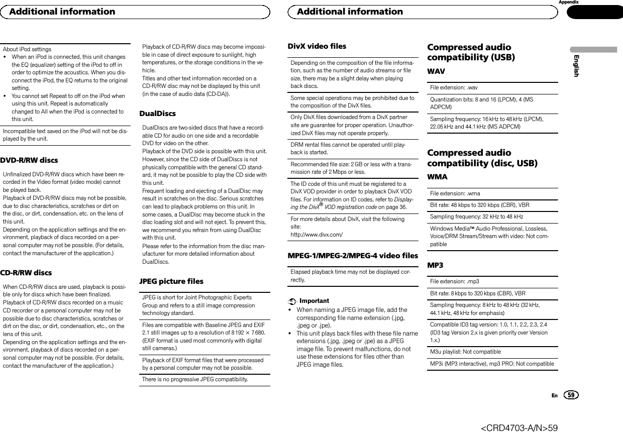 About iPod settings!When an iPod is connected, this unit changesthe EQ (equalizer) setting of the iPod to off inorder to optimize the acoustics. When you dis-connect the iPod, the EQ returns to the originalsetting.!You cannot set Repeat to off on the iPod whenusing this unit. Repeat is automaticallychanged to All when the iPod is connected tothis unit.Incompatible text saved on the iPod will not be dis-played by the unit.DVD-R/RW discsUnfinalized DVD-R/RW discs which have been re-corded in the Video format (video mode) cannotbe played back.Playback of DVD-R/RW discs may not be possible,due to disc characteristics, scratches or dirt onthe disc, or dirt, condensation, etc. on the lens ofthis unit.Depending on the application settings and the en-vironment, playback of discs recorded on a per-sonal computer may not be possible. (For details,contact the manufacturer of the application.)CD-R/RW discsWhen CD-R/RW discs are used, playback is possi-ble only for discs which have been finalized.Playback of CD-R/RW discs recorded on a musicCD recorder or a personal computer may not bepossible due to disc characteristics, scratches ordirt on the disc, or dirt, condensation, etc., on thelens of this unit.Depending on the application settings and the en-vironment, playback of discs recorded on a per-sonal computer may not be possible. (For details,contact the manufacturer of the application.)Playback of CD-R/RW discs may become impossi-ble in case of direct exposure to sunlight, hightemperatures, or the storage conditions in the ve-hicle.Titles and other text information recorded on aCD-R/RW disc may not be displayed by this unit(in the case of audio data (CD-DA)).DualDiscsDualDiscs are two-sided discs that have a record-able CD for audio on one side and a recordableDVD for video on the other.Playback of the DVD side is possible with this unit.However, since the CD side of DualDiscs is notphysically compatible with the general CD stand-ard, it may not be possible to play the CD side withthis unit.Frequent loading and ejecting of a DualDisc mayresult in scratches on the disc. Serious scratchescan lead to playback problems on this unit. Insome cases, a DualDisc may become stuck in thedisc loading slot and will not eject. To prevent this,we recommend you refrain from using DualDiscwith this unit.Please refer to the information from the disc man-ufacturer for more detailed information aboutDualDiscs.JPEG picture filesJPEG is short for Joint Photographic ExpertsGroup and refers to a still image compressiontechnology standard.Files are compatible with Baseline JPEG and EXIF2.1 still images up to a resolution of 8 192 × 7 680.(EXIF format is used most commonly with digitalstill cameras.)Playback of EXIF format files that were processedby a personal computer may not be possible.There is no progressive JPEG compatibility.DivX video filesDepending on the composition of the file informa-tion, such as the number of audio streams or filesize, there may be a slight delay when playingback discs.Some special operations may be prohibited due tothe composition of the DivX files.Only DivX files downloaded from a DivX partnersite are guarantee for proper operation. Unauthor-ized DivX files may not operate properly.DRM rental files cannot be operated until play-back is started.Recommended file size: 2 GB or less with a trans-mission rate of 2 Mbps or less.The ID code of this unit must be registered to aDivX VOD provider in order to playback DivX VODfiles. For information on ID codes, refer to Display-ing the DivXâVOD registration code on page 36.For more details about DivX, visit the followingsite:http://www.divx.com/MPEG-1/MPEG-2/MPEG-4 video filesElapsed playback time may not be displayed cor-rectly.Important!When naming a JPEG image file, add thecorresponding file name extension (.jpg,.jpeg or .jpe).!This unit plays back files with these file nameextensions (.jpg, .jpeg or .jpe) as a JPEGimage file. To prevent malfunctions, do notuse these extensions for files other thanJPEG image files.Compressed audiocompatibility (USB)WAVFile extension: .wavQuantization bits: 8 and 16 (LPCM), 4 (MSADPCM)Sampling frequency: 16 kHz to 48 kHz (LPCM),22.05 kHz and 44.1 kHz (MS ADPCM)Compressed audiocompatibility (disc, USB)WMAFile extension: .wmaBit rate: 48 kbps to 320 kbps (CBR), VBRSampling frequency: 32 kHz to 48 kHzWindows MediaäAudio Professional, Lossless,Voice/DRM Stream/Stream with video: Not com-patibleMP3File extension: .mp3Bit rate: 8 kbps to 320 kbps (CBR), VBRSampling frequency: 8kHz to 48 kHz (32 kHz,44.1 kHz, 48 kHz for emphasis)Compatible ID3 tag version: 1.0, 1.1, 2.2, 2.3, 2.4(ID3 tag Version 2.x is given priority over Version1.x.)M3u playlist: Not compatibleMP3i (MP3 interactive), mp3 PRO: Not compatibleEnglishAdditional information59AppendixAdditional informationEn&lt;CRD4703-A/N&gt;59