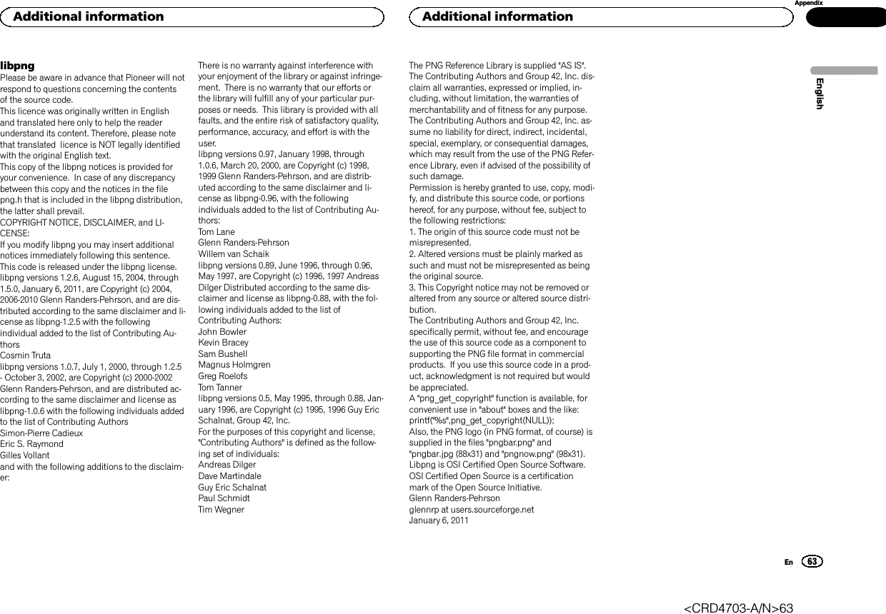 libpngPlease be aware in advance that Pioneer will notrespond to questions concerning the contentsof the source code.This licence was originally written in Englishand translated here only to help the readerunderstand its content. Therefore, please notethat translated licence is NOT legally identifiedwith the original English text.This copy of the libpng notices is provided foryour convenience. In case of any discrepancybetween this copy and the notices in the filepng.h that is included in the libpng distribution,the latter shall prevail.COPYRIGHT NOTICE, DISCLAIMER, and LI-CENSE:If you modify libpng you may insert additionalnotices immediately following this sentence.This code is released under the libpng license.libpng versions 1.2.6, August 15, 2004, through1.5.0, January 6, 2011, are Copyright (c) 2004,2006-2010 Glenn Randers-Pehrson, and are dis-tributed according to the same disclaimer and li-cense as libpng-1.2.5 with the followingindividual added to the list of Contributing Au-thorsCosmin Trutalibpng versions 1.0.7, July 1, 2000, through 1.2.5- October 3, 2002, are Copyright (c) 2000-2002Glenn Randers-Pehrson, and are distributed ac-cording to the same disclaimer and license aslibpng-1.0.6 with the following individuals addedto the list of Contributing AuthorsSimon-Pierre CadieuxEric S. RaymondGilles Vollantand with the following additions to the disclaim-er:There is no warranty against interference withyour enjoyment of the library or against infringe-ment. There is no warranty that our efforts orthe library will fulfill any of your particular pur-poses or needs. This library is provided with allfaults, and the entire risk of satisfactory quality,performance, accuracy, and effort is with theuser.libpng versions 0.97, January 1998, through1.0.6, March 20, 2000, are Copyright (c) 1998,1999 Glenn Randers-Pehrson, and are distrib-uted according to the same disclaimer and li-cense as libpng-0.96, with the followingindividuals added to the list of Contributing Au-thors:Tom LaneGlenn Randers-PehrsonWillem van Schaiklibpng versions 0.89, June 1996, through 0.96,May 1997, are Copyright (c) 1996, 1997 AndreasDilger Distributed according to the same dis-claimer and license as libpng-0.88, with the fol-lowing individuals added to the list ofContributing Authors:John BowlerKevin BraceySam BushellMagnus HolmgrenGreg RoelofsTom Tannerlibpng versions 0.5, May 1995, through 0.88, Jan-uary 1996, are Copyright (c) 1995, 1996 Guy EricSchalnat, Group 42, Inc.For the purposes of this copyright and license,&quot;Contributing Authors&quot; is defined as the follow-ing set of individuals:Andreas DilgerDave MartindaleGuy Eric SchalnatPaul SchmidtTim WegnerThe PNG Reference Library is supplied &quot;AS IS&quot;.The Contributing Authors and Group 42, Inc. dis-claim all warranties, expressed or implied, in-cluding, without limitation, the warranties ofmerchantability and of fitness for any purpose.The Contributing Authors and Group 42, Inc. as-sume no liability for direct, indirect, incidental,special, exemplary, or consequential damages,which may result from the use of the PNG Refer-ence Library, even if advised of the possibility ofsuch damage.Permission is hereby granted to use, copy, modi-fy, and distribute this source code, or portionshereof, for any purpose, without fee, subject tothe following restrictions:1. The origin of this source code must not bemisrepresented.2. Altered versions must be plainly marked assuch and must not be misrepresented as beingthe original source.3. This Copyright notice may not be removed oraltered from any source or altered source distri-bution.The Contributing Authors and Group 42, Inc.specifically permit, without fee, and encouragethe use of this source code as a component tosupporting the PNG file format in commercialproducts. If you use this source code in a prod-uct, acknowledgment is not required but wouldbe appreciated.A &quot;png_get_copyright&quot; function is available, forconvenient use in &quot;about&quot; boxes and the like:printf(&quot;%s&quot;,png_get_copyright(NULL));Also, the PNG logo (in PNG format, of course) issupplied in the files &quot;pngbar.png&quot; and&quot;pngbar.jpg (88x31) and &quot;pngnow.png&quot; (98x31).Libpng is OSI Certified Open Source Software.OSI Certified Open Source is a certificationmark of the Open Source Initiative.Glenn Randers-Pehrsonglennrp at users.sourceforge.netJanuary 6, 2011EnglishAdditional information63AppendixAdditional informationEn&lt;CRD4703-A/N&gt;63