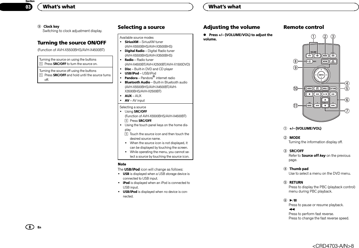 9Clock keySwitching to clock adjustment display.Turning the source ON/OFF(Function of AVH-X5500BHS/AVH-X4500BT)Turning the source on using the buttons1Press SRC/OFF to turn the source on.Turning the source off using the buttons1Press SRC/OFF and hold until the source turnsoff.Selecting a sourceAvailable source modes!SiriusXM –SiriusXM tuner(AVH-X5500BHS/AVH-X3500BHS)!Digital Radio –Digital Radio tuner(AVH-X5500BHS/AVH-X3500BHS)!Radio –Radio tuner(AVH-X4500BT/AVH-X2500BT/AVH-X1500DVD)!Disc –Built-in DVD and CD player!USB/iPod –USB/iPod!Pandora –Pandoraâinternet radio!Bluetooth Audio –Built-in Bluetooth audio(AVH-X5500BHS/AVH-X4500BT/AVH-X3500BHS/AVH-X2500BT)!AUX –AUX!AV –AV inputSelecting a source!Using SRC/OFF(Function of AVH-X5500BHS/AVH-X4500BT)1Press SRC/OFF.!Using the touch panel keys on the home dis-play1Touch the source icon and then touch thedesired source name.!When the source icon is not displayed, itcan be displayed by touching the screen.!While operating the menu, you cannot se-lect a source by touching the source icon.NoteThe USB/iPod icon will change as follows:!USB is displayed when a USB storage device isconnected to USB input.!iPod is displayed when an iPod is connected toUSB input.!USB/iPod is displayed when no device is con-nected.Adjusting the volume%Press +/–(VOLUME/VOL) to adjust thevolume.Remote control1+/–(VOLUME/VOL)2MODETurning the information display off.3SRC/OFFRefer to Source off key on the previouspage.4Thumb padUse to select a menu on the DVD menu.5RETURNPress to display the PBC (playback control)menu during PBC playback.6fPress to pause or resume playback.mPress to perform fast reverse.Press to change the fast reverse speed.What’s what8SectionWhat’s whatEn03&lt;CRD4703-A/N&gt;8