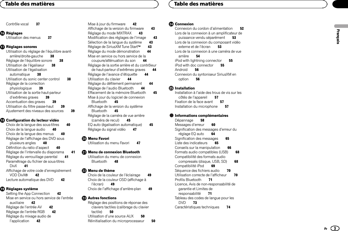 Contrôle vocal 37RéglagesUtilisation des menus 37Réglages sonoresUtilisation du réglage de l’équilibre avant-arrière/droite-gauche 38Réglage de l’équilibre sonore 38Utilisation de l’égaliseur 38Utilisation de l’égalisationautomatique 38Utilisation du sonic center control 38Réglage de la correctionphysiologique 39Utilisation de la sortie haut-parleurd’extrêmes graves 39Accentuation des graves 39Utilisation du filtre passe-haut 39Ajustement des niveaux des sources 39Configuration du lecteur vidéoChoix de la langue des sous-titres 40Choix de la langue audio 40Choix de la langue des menus 40Réglage de l’affichage des DVD sousplusieurs angles 40Définition du ratio d’aspect 40Réglage de l’intervalle du diaporama 41Réglage du verrouillage parental 41Paramétrage du fichier de sous-titresDivX 41Affichage de votre code d’enregistrementVOD DivXâ42Lecture automatique des DVD 42Réglages systèmeSetting the App Connection 42Mise en service ou hors service de l’entréeauxiliaire 42Réglage de l’entrée AV 42Réglage de l’entrée RGB 42Réglage du mixage audio del’application 42Mise à jour du firmware 42Affichage de la version du firmware 43Réglage du mode MIXTRAX 43Modification des réglages de l’image 43Sélection de la langue du système 43Réglage de SiriusXM Tune Startä43Réglage du mode démonstration 44Mise en service ou hors service de lacoupure/atténuation du son 44Réglage de la sortie arrière et du contrôleurde haut-parleur d’extrêmes graves 44Réglage de l’avance d’étiquette 44Utilisation du clavier 44Réglage du défilement permanent 44Réglage de l’audio Bluetooth 44Effacement de la mémoire Bluetooth 45Mise à jour du logiciel de connexionBluetooth 45Affichage de la version du systèmeBluetooth 45Réglage de la caméra de vue arrière(caméra de recul) 45EQ auto (égalisation automatique) 45Réglage du signal vidéo 47Menu FavoriUtilisation du menu Favori 47Menu de connexion BluetoothUtilisation du menu de connexionBluetooth 48Menu de thèmeChoix de la couleur de l’éclairage 49Choix de la couleur OSD (affichage àl’écran) 49Choix de l’affichage d’arrière-plan 49Autres fonctionsRéglage des positions de réponse desclaviers tactiles (calibrage du claviertactile) 50Utilisation d’une source AUX 50Réinitialisation du microprocesseur 50ConnexionConnexion du cordon d’alimentation 52Lors de la connexion à un amplificateur depuissance vendu séparément 53Lors de la connexion du composant vidéoexterne et de l’écran 53Lors de la connexion à une caméra de vuearrière 54iPod with lightning connector 55iPod with doc connector 55Android 56Connexion du syntoniseur SiriusXM enoption 56InstallationInstallation à l’aide des trous de vis sur lescôtés de l’appareil 57Fixation de la face avant 57Installation du microphone 57Informations complémentairesDépannage 58Messages d’erreur 60Signification des messages d’erreur duréglage EQ auto 64Signification des messages 65Liste des indicateurs 65Conseils sur la manipulation 66Formats audio compatibles (USB) 68Compatibilité des formats audiocompressés (disque, USB, SD) 68Compatibilité iPod 69Séquence des fichiers audio 70Utilisation correcte de l’afficheur 70Profils Bluetooth 71Licence, Avis de non-responsabilité degarantie et Limites deresponsabilité 71Tableau des codes de langue pour lesDVD 73Caractéristiques techniques 74FrançaisTable des matières3Table des matièresFr