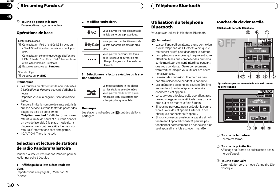 6Touche de pause et lecturePause et démarrage de la lecture.Opérations de baseLecture des plages1Connectez un iPod à l’entrée USB 1 avec uncâble USB à l’aide d’un connecteur dock pouriPod.Connectez un périphérique Android à l’entréeHDMI à l’aide d’un câble HDMIâhaute vitesseet de la technologie Bluetooth.2Basculez la source sur Pandora.Saut de plage1Appuyez sur d(TRK).Remarques!Les touches du clavier tactile non indiquéesàUtilisation de Pandora peuvent s’afficher àl’écran.Reportez-vous à la page 65, Liste des indica-teurs.!Pandora limite le nombre de sauts autoriséssur son service. Si vous tentez de passer desplages au-delà de cette limite,“Skip limit reached.”s’affiche. Si vous avezatteint la limite de sauts et que vous donnezun avis défavorable à la plage musicale, laplage en cours continue à être lue mais vosretours d’informations sont enregistrés.!!!CAUTION: There is no text.Sélection et lecture de stationsde radio Pandoraâ/aléatoireTouchez la liste de vos stations Pandora pour sé-lectionner celle à écouter.1 Affichage de la liste aléatoire/de sta-tions.Reportez-vous à la page 33, Utilisation dePandora.2 Modifiez l’ordre de tri.Vous pouvez trier les éléments dela liste par ordre alphabétique.Vous pouvez trier les éléments dela liste par ordre de date de créa-tion.Vous pouvez parcourir les titresde la liste tout appuyant de ma-nière prolongée sur l’icône de dé-filement.3 Sélectionnez la lecture aléatoire ou la sta-tion souhaitée.Le mode aléatoire lit les plagessur les stations sélectionnées.Vous pouvez modifier les préfé-rences de lecture aléatoire survotre périphérique mobile.RemarqueLes stations indiquées par sont des stationspartagées.Utilisation du téléphoneBluetoothVous pouvez utiliser le téléphone Bluetooth.Important!Laisser l’appareil en attente d’une connexionà votre téléphone via Bluetooth alors que lemoteur est arrêté peut décharger la batterie.!Les opérations avancées qui requièrent votreattention, telles que composer des numérossur le moniteur, etc. sont interdites pendantque vous conduisez. Garez correctementvotre voiture lorsque vous utilisez ces opéra-tions avancées.!Le menu de connexion Bluetooth ne peutpas être sélectionné pendant la conduite.!Les opérations disponibles peuvent être limi-tées en fonction du téléphone cellulaireconnecté à cet appareil.!Lorsque vous effectuez cette opération, assu-rez-vous de garer votre véhicule dans un en-droit sûr et de mettre le frein à main.!Si vous ne parvenez pas à exécuter la conne-xion à l’aide de cet appareil, utilisez le péri-phérique à connecter à l’appareil.!Si vous connectez plusieurs appareils simul-tanément, l’appareil connecté peut ne pasfonctionner correctement. La connexion d’unseul appareil à la fois est recommandée.Touches du clavier tactileAffichage de l’attente téléphone13 ARPPM12:251Abcdefghi1234567890123456AutoONToneOFFOFFe12345678dQuand vous passez en mode de saisie du numé-ro de téléphone13 APRPM12:251123456789*0#C+AbcdefghiXXXXXXXXXXXXXXXXPrivateONVol9abc1Touche de fermetureL’écran est fermé.2Touche de présélectionAffichage de l’écran de présélection des nu-méros d’appel.3Touche d’annuaireCommutation vers le mode d’annuaire télé-phonique.Streaming Pandoraâ34SectionTéléphone BluetoothFr1415