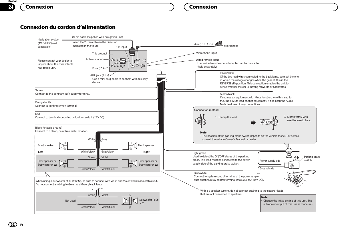 Connexion du cordon d’alimentationConnection method1.  Clamp the lead. 2. Clamp firmly with needle-nosed pliers.Note: ·  The position of the parking brake switch depends on the vehicle model. For details, consult the vehicle Owner’s Manual or dealer.Yellow/blackIf you use an equipment with Mute function, wire this lead to the Audio Mute lead on that equipment. If not, keep the Audio Mute lead free of any connections.Light greenUsed to detect the ON/OFF status of the parking brake. This lead must be connected to the power supply side of the parking brake switch.Blue/whiteConnect to system control terminal of the power amp or auto-antenna relay control terminal (max. 300 mA 12 V DC).Ground sidePower supply sideParking brake switchYellow Connect to the constant 12 V supply terminal.Red Connect to terminal controlled by ignition switch (12 V DC).Black (chassis ground) Connect to a clean, paint-free metal location.Left RightFront speaker Front speakerRear speaker or Subwoofer (4 Ω)White GrayGray/blackWhite/blackGreen VioletGreen/black Violet/blackWith a 2 speaker system, do not connect anything to the speaker leads that are not connected to speakers.Note:·  Change the initial setting of this unit. The subwoofer output of this unit is monaural.VioletViolet/blackNot used.GreenGreen/blackWhen using a subwoofer of 70 W (2 Ω), be sure to connect with Violet and Violet/black leads of this unit. Do not connect anything to Green and Green/black leads. Subwoofer (4 Ω) × 2 Rear speaker or Subwoofer (4 Ω)Fuse (10 A)Violet/whiteOf the two lead wires connected to the back lamp, connect the one in which the voltage changes when the gear shift is in the REVERSE (R) position. This connection enables the unit tosense whether the car is moving forwards or backwards.Orange/white Connect to lighting switch terminal.Microphone4 m (13 ft. 1 in.)Microphone inputThis productAntenna inputAUX jack (3.5 ø)Use a mini plug cable to connect with auxiliary device.RGB inputNavigation system (AVIC-U250(sold separately))Please contact your dealer to inquire about the connectable navigation unit.Insert the 26 pin cable in the direction indicated in the figure.26 pin cable (Supplied with navigation unit)Wired remote inputHard-wired remote control adapter can be connected (sold separately).Connexion52SectionConnexionFr24