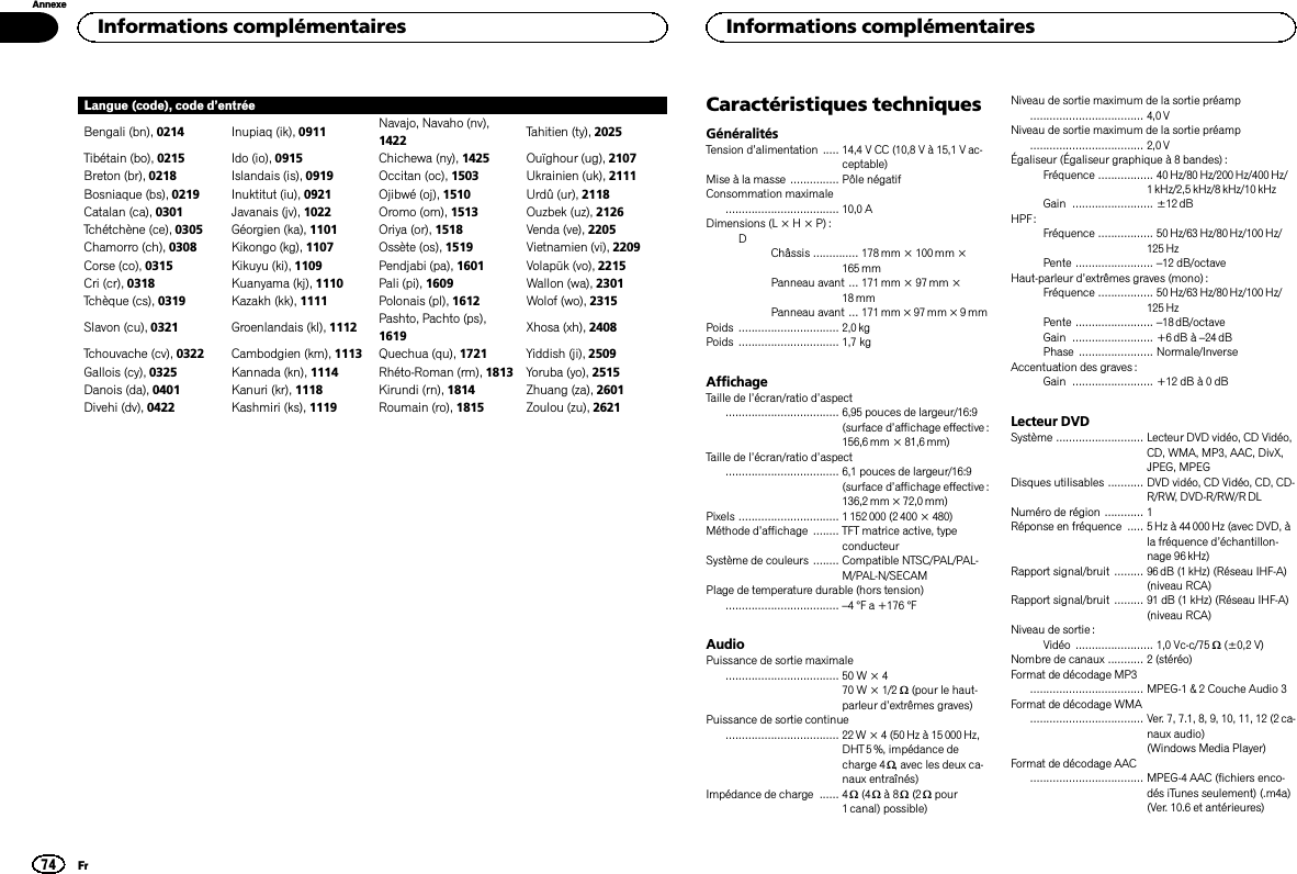 Langue (code), code d’entréeBengali (bn), 0214 Inupiaq (ik), 0911 Navajo, Navaho (nv),1422 Tahitien (ty), 2025Tibétain (bo), 0215 Ido (io), 0915 Chichewa (ny), 1425 Ouïghour (ug), 2107Breton (br), 0218 Islandais (is), 0919 Occitan (oc), 1503 Ukrainien (uk), 2111Bosniaque (bs), 0219 Inuktitut (iu), 0921 Ojibwé (oj), 1510 Urdû (ur), 2118Catalan (ca), 0301 Javanais (jv), 1022 Oromo (om), 1513 Ouzbek (uz), 2126Tchétchène (ce), 0305 Géorgien (ka), 1101 Oriya (or), 1518 Venda (ve), 2205Chamorro (ch), 0308 Kikongo (kg), 1107 Ossète (os), 1519 Vietnamien (vi), 2209Corse (co), 0315 Kikuyu (ki), 1109 Pendjabi (pa), 1601 Volapük (vo), 2215Cri (cr), 0318 Kuanyama (kj), 1110 Pali (pi), 1609 Wallon (wa), 2301Tchèque (cs), 0319 Kazakh (kk), 1111 Polonais (pl), 1612 Wolof (wo), 2315Slavon (cu), 0321 Groenlandais (kl), 1112 Pashto, Pachto (ps),1619 Xhosa (xh), 2408Tchouvache (cv), 0322 Cambodgien (km), 1113 Quechua (qu), 1721 Yiddish (ji), 2509Gallois (cy), 0325 Kannada (kn), 1114 Rhéto-Roman (rm), 1813 Yoruba (yo), 2515Danois (da), 0401 Kanuri (kr), 1118 Kirundi (rn), 1814 Zhuang (za), 2601Divehi (dv), 0422 Kashmiri (ks), 1119 Roumain (ro), 1815 Zoulou (zu), 2621Caractéristiques techniquesGénéralitésTension d’alimentation ..... 14,4 V CC (10,8 V à 15,1 V ac-ceptable)Mise à la masse ............... Pôle négatifConsommation maximale................................... 10,0 ADimensions (L × H × P) :DChâssis .............. 178 mm × 100mm ×165 mmPanneau avant ... 171 mm × 97 mm ×18 mmPanneau avant ... 171 mm × 97 mm × 9 mmPoids ............................... 2,0kgPoids ............................... 1,7 kgAffichageTaille de l’écran/ratio d’aspect................................... 6,95 pouces de largeur/16:9(surface d’affichage effective :156,6 mm × 81,6 mm)Taille de l’écran/ratio d’aspect................................... 6,1 pouces de largeur/16:9(surface d’affichage effective :136,2 mm × 72,0 mm)Pixels ............................... 1 152000 (2400 × 480)Méthode d’affichage ........ TFT matrice active, typeconducteurSystème de couleurs ........ Compatible NTSC/PAL/PAL-M/PAL-N/SECAMPlage de temperature durable (hors tension)................................... –4 °F a +176 °FAudioPuissance de sortie maximale................................... 50 W × 470 W × 1/2 W(pour le haut-parleur d’extrêmes graves)Puissance de sortie continue................................... 22W × 4 (50Hz à 15000 Hz,DHT 5 %, impédance decharge 4 W, avec les deux ca-naux entraînés)Impédance de charge ...... 4 W(4 Wà8W(2 Wpour1 canal) possible)Niveau de sortie maximum de la sortie préamp................................... 4,0 VNiveau de sortie maximum de la sortie préamp................................... 2,0 VÉgaliseur (Égaliseur graphique à 8 bandes) :Fréquence ................. 40 Hz/80Hz/200 Hz/400 Hz/1 kHz/2,5 kHz/8 kHz/10 kHzGain ......................... ±12 dBHPF:Fréquence ................. 50 Hz/63Hz/80 Hz/100 Hz/125 HzPente ........................ –12 dB/octaveHaut-parleur d’extrêmes graves (mono) :Fréquence ................. 50 Hz/63Hz/80 Hz/100 Hz/125 HzPente ........................ –18 dB/octaveGain ......................... +6dB à –24 dBPhase ....................... Normale/InverseAccentuation des graves :Gain ......................... +12 dB à 0 dBLecteur DVDSystème ........................... Lecteur DVD vidéo, CD Vidéo,CD, WMA, MP3, AAC, DivX,JPEG, MPEGDisques utilisables ........... DVD vidéo, CD Vidéo, CD, CD-R/RW, DVD-R/RW/R DLNuméro de région ............ 1Réponse en fréquence ..... 5 Hz à 44000Hz (avec DVD, àla fréquence d’échantillon-nage 96 kHz)Rapport signal/bruit ......... 96dB (1kHz) (Réseau IHF-A)(niveau RCA)Rapport signal/bruit ......... 91 dB (1 kHz) (Réseau IHF-A)(niveau RCA)Niveau de sortie :Vidéo ........................ 1,0 Vc-c/75 W(±0,2 V)Nombre de canaux ........... 2 (stéréo)Format de décodage MP3................................... MPEG-1 &amp; 2 Couche Audio 3Format de décodage WMA................................... Ver. 7, 7.1, 8, 9, 10, 11, 12 (2ca-naux audio)(Windows Media Player)Format de décodage AAC................................... MPEG-4 AAC (fichiers enco-dés iTunes seulement) (.m4a)(Ver. 10.6 et antérieures)Informations complémentaires74AnnexeInformations complémentairesFr