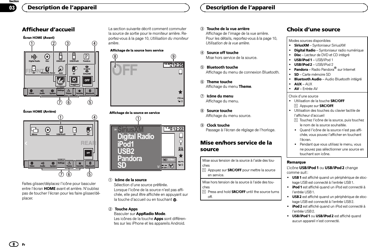 Afficheur d’accueilÉcran HOME (Avant)FRONTDigital Radio Disc USB/iPod1 PandoraBluetooth Audio AV SiriusXMRearViewONAppsOFFAUXBluetoothFavoriteThemeSystemSettingsAudioVideoUSB/iPod2SD1324567Écran HOME (Arrière)REARBluetoothFavoriteThemeSystemSettingsAudioVideoUSB/iPod1DiscMirror SD AV1OFF4567Faites glisser/déplacez l’icône pour basculerentre l’écran HOME avant et arrière. N’oubliezpas de toucher l’écran pour les faire glisser/dé-placer.La section suivante décrit comment commuterla source de sortie pour le moniteur arrière. Re-portez-vous à la page 10, Utilisation du moniteurarrière.Affichage de la source hors service13 APRPM12:25OFF89Affichage de la source en serviceJANAMDB12:22SDSiriusXMUSB2Digital RadioPandoraiPod1S.RtrvApprpprAppppApp-00’ 31”111Icône de la sourceSélection d’une source préférée.Lorsque l’icône de la source n’est pas affi-chée, elle peut être affichée en appuyant surla touche d’accueil ou en touchant .2Touche AppsBasculer sur AppRadio Mode.Les icônes de la touche Apps sont différen-tes sur les iPhone et les appareils Android.3Touche de la vue arrièreAffichage de l’image de la vue arrière.Pour les détails, reportez-vous à la page 10,Utilisation de la vue arrière.4Source off toucheMise hors service de la source.5Bluetooth toucheAffichage du menu de connexion Bluetooth.6Theme toucheAffichage du menu Theme.7Icône du menuAffichage du menu.8Source toucheAffichage du menu source.9Clock touchePassage à l’écran de réglage de l’horloge.Mise en/hors service de lasourceMise sous tension de la source à l’aide des tou-ches1Appuyez sur SRC/OFF pour mettre la sourceen service.Mise hors tension de la source à l’aide des tou-ches1Press and hold SRC/OFF until the source turnsoff.Choix d’une sourceModes sources disponibles!SiriusXM –Syntoniseur SiriusXM!Digital Radio –Syntoniseur radio numérique!Disc –Lecteur de DVD et CD intégré!USB/iPod 1 –USB/iPod 1!USB/iPod 2 –USB/iPod 2!Pandora –Radio Pandoraâsur Internet!SD –Carte mémoire SD!Bluetooth Audio –Audio Bluetooth intégré!AUX –AUX!AV –Entrée AVChoix d’une source!Utilisation de la touche SRC/OFF1Appuyez sur SRC/OFF.!Utilisation des touches du clavier tactile del’afficheur d’accueil1Touchez l’icône de la source, puis touchezle nom de la source souhaitée.!Quand l’icône de la source n’est pas affi-chée, vous pouvez l’afficher en touchantl’écran.!Pendant que vous utilisez le menu, vousne pouvez pas sélectionner une source entouchant son icône.RemarqueL’icône USB/iPod 1 ou USB/iPod 2 changecomme suit :!USB 1 est affiché quand un périphérique de stoc-kage USB est connecté à l’entrée USB 1.!iPod 1 est affiché quand un iPod est connecté àl’entrée USB 1.!USB 2 est affiché quand un périphérique de stoc-kage USB est connecté à l’entrée USB 2.!iPod 2 est affiché quand un iPod est connecté àl’entrée USB 2.!USB/iPod 1 ou USB/iPod 2 est affiché quandaucun appareil n’est connecté.Description de l’appareil8SectionDescription de l’appareilFr03