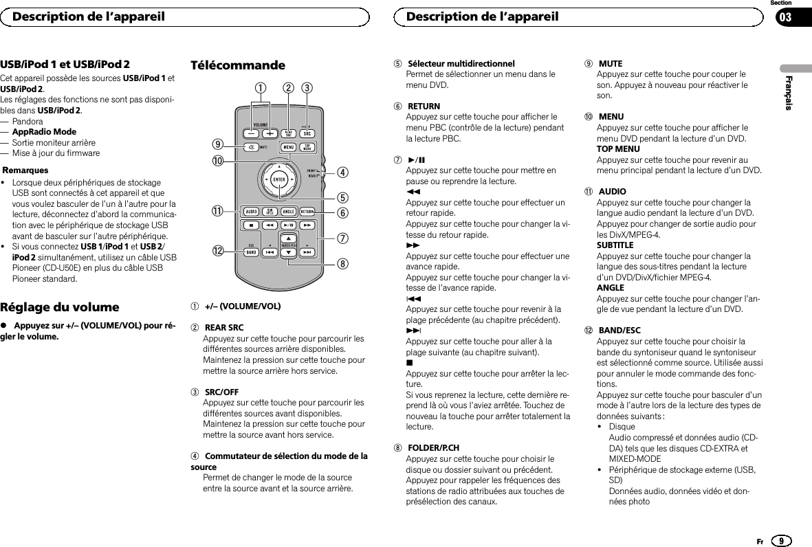 USB/iPod 1 et USB/iPod 2Cet appareil possède les sources USB/iPod 1 etUSB/iPod 2.Les réglages des fonctions ne sont pas disponi-bles dans USB/iPod 2.—Pandora—AppRadio Mode—Sortie moniteur arrière—Mise à jour du firmwareRemarques!Lorsque deux périphériques de stockageUSB sont connectés à cet appareil et quevous voulez basculer de l’un à l’autre pour lalecture, déconnectez d’abord la communica-tion avec le périphérique de stockage USBavant de basculer sur l’autre périphérique.!Si vous connectez USB 1/iPod 1 et USB 2/iPod 2 simultanément, utilisez un câble USBPioneer (CD-U50E) en plus du câble USBPioneer standard.Réglage du volume%Appuyez sur +/–(VOLUME/VOL) pour ré-gler le volume.Télécommande342156798bac1+/–(VOLUME/VOL)2REAR SRCAppuyez sur cette touche pour parcourir lesdifférentes sources arrière disponibles.Maintenez la pression sur cette touche pourmettre la source arrière hors service.3SRC/OFFAppuyez sur cette touche pour parcourir lesdifférentes sources avant disponibles.Maintenez la pression sur cette touche pourmettre la source avant hors service.4Commutateur de sélection du mode de lasourcePermet de changer le mode de la sourceentre la source avant et la source arrière.5Sélecteur multidirectionnelPermet de sélectionner un menu dans lemenu DVD.6RETURNAppuyez sur cette touche pour afficher lemenu PBC (contrôle de la lecture) pendantla lecture PBC.7fAppuyez sur cette touche pour mettre enpause ou reprendre la lecture.mAppuyez sur cette touche pour effectuer unretour rapide.Appuyez sur cette touche pour changer la vi-tesse du retour rapide.nAppuyez sur cette touche pour effectuer uneavance rapide.Appuyez sur cette touche pour changer la vi-tesse de l’avance rapide.oAppuyez sur cette touche pour revenir à laplage précédente (au chapitre précédent).pAppuyez sur cette touche pour aller à laplage suivante (au chapitre suivant).gAppuyez sur cette touche pour arrêter la lec-ture.Si vous reprenez la lecture, cette dernière re-prend là où vous l’aviez arrêtée. Touchez denouveau la touche pour arrêter totalement lalecture.8FOLDER/P.CHAppuyez sur cette touche pour choisir ledisque ou dossier suivant ou précédent.Appuyez pour rappeler les fréquences desstations de radio attribuées aux touches deprésélection des canaux.9MUTEAppuyez sur cette touche pour couper leson. Appuyez à nouveau pour réactiver leson.aMENUAppuyez sur cette touche pour afficher lemenu DVD pendant la lecture d’un DVD.TOP MENUAppuyez sur cette touche pour revenir aumenu principal pendant la lecture d’un DVD.bAUDIOAppuyez sur cette touche pour changer lalangue audio pendant la lecture d’un DVD.Appuyez pour changer de sortie audio pourles DivX/MPEG-4.SUBTITLEAppuyez sur cette touche pour changer lalangue des sous-titres pendant la lectured’un DVD/DivX/fichier MPEG-4.ANGLEAppuyez sur cette touche pour changer l’an-gle de vue pendant la lecture d’un DVD.cBAND/ESCAppuyez sur cette touche pour choisir labande du syntoniseur quand le syntoniseurest sélectionné comme source. Utilisée aussipour annuler le mode commande des fonc-tions.Appuyez sur cette touche pour basculer d’unmode à l’autre lors de la lecture des types dedonnées suivants :!DisqueAudio compressé et données audio (CD-DA) tels que les disques CD-EXTRA etMIXED-MODE!Périphérique de stockage externe (USB,SD)Données audio, données vidéo et don-nées photoFrançaisDescription de l’appareil9SectionDescription de l’appareilFr03