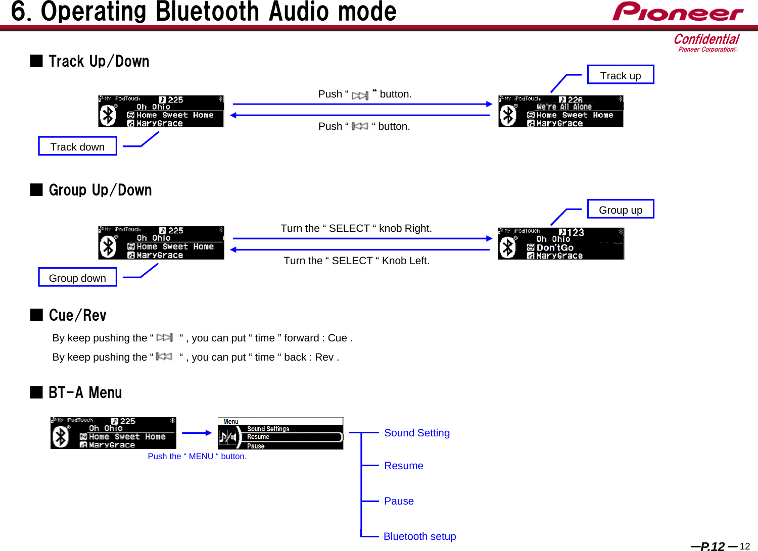 ConfidentialPioneer Corporation©Push “        “button.Push “        “ button.By keep pushing the “         “ , you can put “ time ” forward : Cue .By keep pushing the “         “ , you can put “ time “ back : Rev . 126. Operating Bluetooth Audio mode－P.12－■Track Up/Down■Cue/RevTrack upTrack downTurn the “ SELECT “ knob Right.Turn the “ SELECT “ Knob Left.■ Group Up/DownGroup upGroup down■ BT-A MenuPush the “ MENU “ button.Sound SettingResumePauseBluetooth setup
