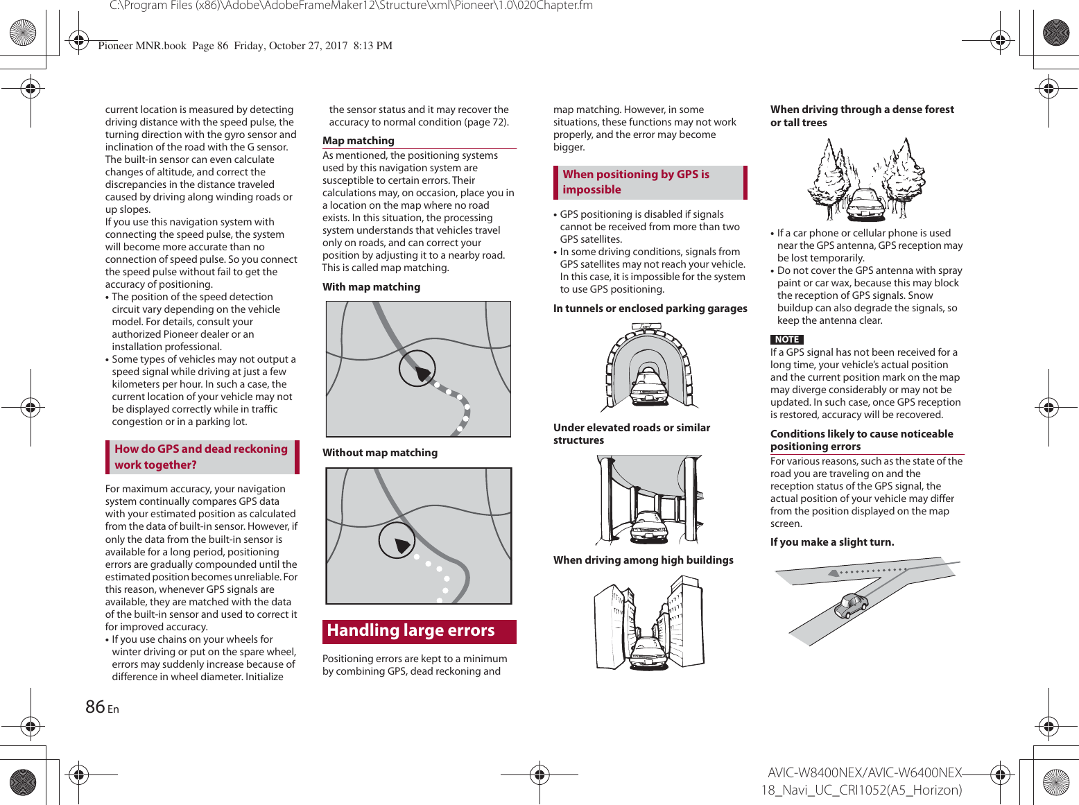 86C:\Program Files (x86)\Adobe\AdobeFrameMaker12\Structure\xml\Pioneer\1.0\020Chapter.fmAVIC-W8400NEX/AVIC-W6400NEX 18_Navi_UC_CRI1052(A5_Horizon)Encurrent location is measured by detecting driving distance with the speed pulse, the turning direction with the gyro sensor and inclination of the road with the G sensor.The built-in sensor can even calculate changes of altitude, and correct the discrepancies in the distance traveled caused by driving along winding roads or up slopes.If you use this navigation system with connecting the speed pulse, the system will become more accurate than no connection of speed pulse. So you connect the speed pulse without fail to get the accuracy of positioning.•The position of the speed detection circuit vary depending on the vehicle model. For details, consult your authorized Pioneer dealer or an installation professional.•Some types of vehicles may not output a speed signal while driving at just a few kilometers per hour. In such a case, the current location of your vehicle may not be displayed correctly while in traffic congestion or in a parking lot.For maximum accuracy, your navigation system continually compares GPS data with your estimated position as calculated from the data of built-in sensor. However, if only the data from the built-in sensor is available for a long period, positioning errors are gradually compounded until the estimated position becomes unreliable. For this reason, whenever GPS signals are available, they are matched with the data of the built-in sensor and used to correct it for improved accuracy.•If you use chains on your wheels for winter driving or put on the spare wheel, errors may suddenly increase because of difference in wheel diameter. Initialize the sensor status and it may recover the accuracy to normal condition (page 72).Map matchingAs mentioned, the positioning systems used by this navigation system are susceptible to certain errors. Their calculations may, on occasion, place you in a location on the map where no road exists. In this situation, the processing system understands that vehicles travel only on roads, and can correct your position by adjusting it to a nearby road. This is called map matching.Handling large errorsWith map matchingWithout map matchingPositioning errors are kept to a minimum by combining GPS, dead reckoning and How do GPS and dead reckoning work together?map matching. However, in some situations, these functions may not work properly, and the error may become bigger.•GPS positioning is disabled if signals cannot be received from more than two GPS satellites.•In some driving conditions, signals from GPS satellites may not reach your vehicle. In this case, it is impossible for the system to use GPS positioning.In tunnels or enclosed parking garagesUnder elevated roads or similar structuresWhen driving among high buildingsWhen driving through a dense forest or tall trees•If a car phone or cellular phone is used near the GPS antenna, GPS reception may be lost temporarily.•Do not cover the GPS antenna with spray paint or car wax, because this may block the reception of GPS signals. Snow buildup can also degrade the signals, so keep the antenna clear.NOTEIf a GPS signal has not been received for a long time, your vehicle’s actual position and the current position mark on the map may diverge considerably or may not be updated. In such case, once GPS reception is restored, accuracy will be recovered.Conditions likely to cause noticeable positioning errorsFor various reasons, such as the state of the road you are traveling on and the reception status of the GPS signal, the actual position of your vehicle may differ from the position displayed on the map screen.If you make a slight turn.When positioning by GPS is impossiblePioneer MNR.book  Page 86  Friday, October 27, 2017  8:13 PM