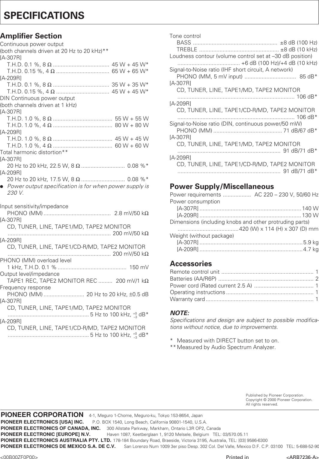 Page 12 of 12 - Pioneer Pioneer-A-307R-A-209R-Users-Manual- ARB7236-A  Pioneer-a-307r-a-209r-users-manual