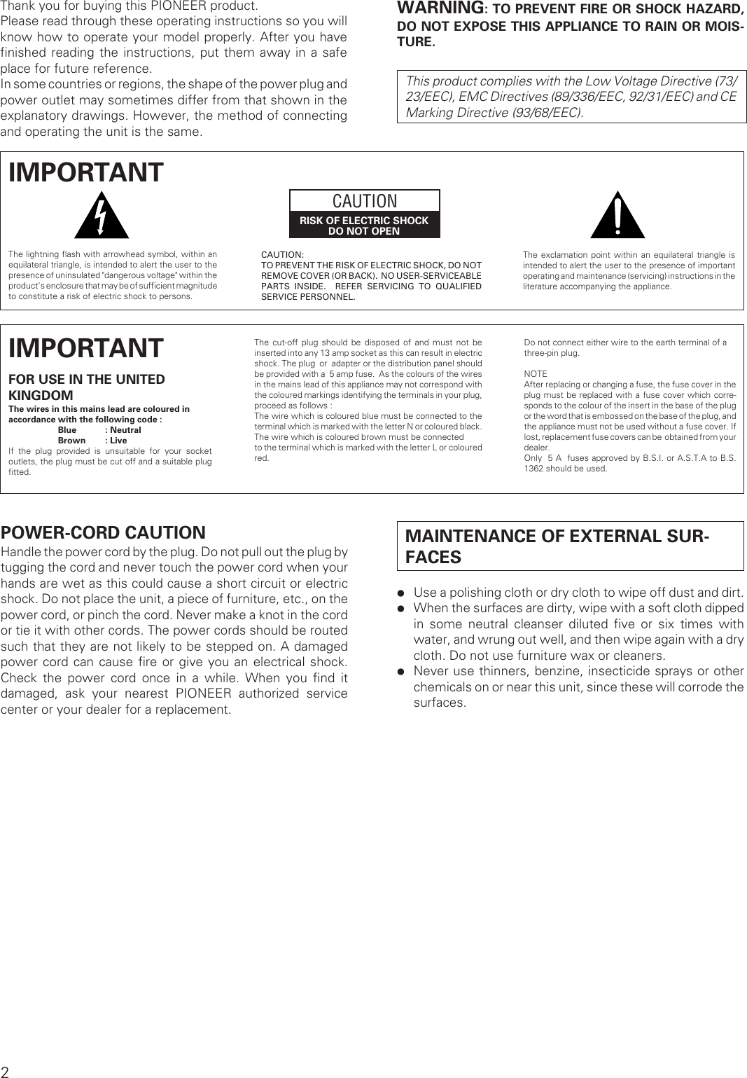 Page 2 of 12 - Pioneer Pioneer-A-307R-A-209R-Users-Manual- ARB7236-A  Pioneer-a-307r-a-209r-users-manual