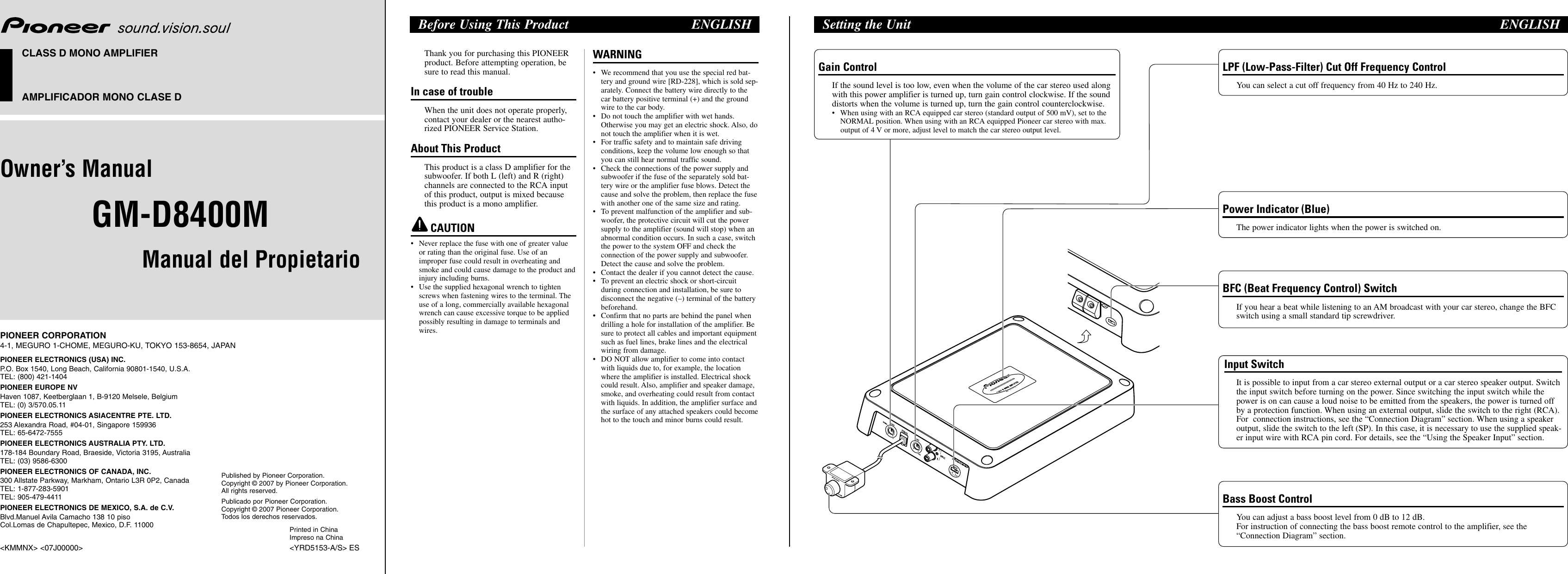 Page 1 of 6 - Pioneer Pioneer-Gm-D8400M-Users-Manual- YRD5153-A/S  Pioneer-gm-d8400m-users-manual