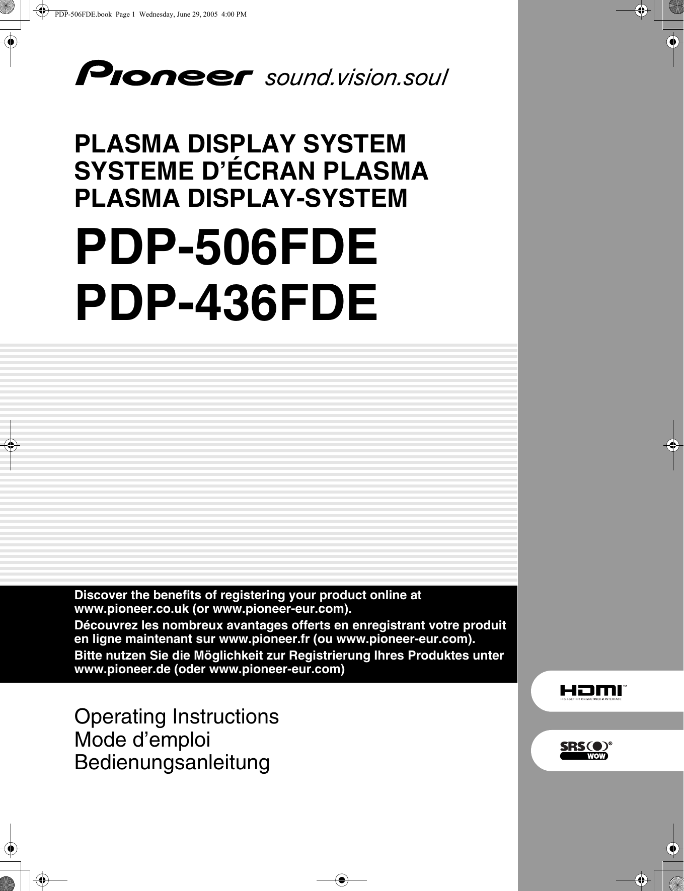 Pioneer Pdp 436Fde Users Manual ARE1396 B