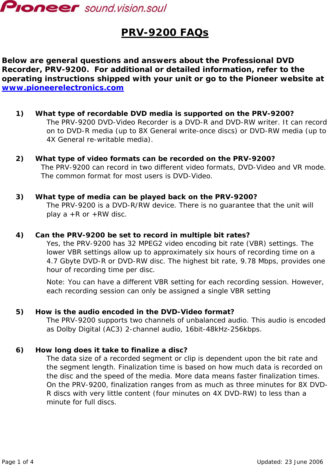 Page 1 of 4 - Pioneer Pioneer-Professional-Dvd-Recorder-Prv-9200-Users-Manual- R11 FAQ  Pioneer-professional-dvd-recorder-prv-9200-users-manual