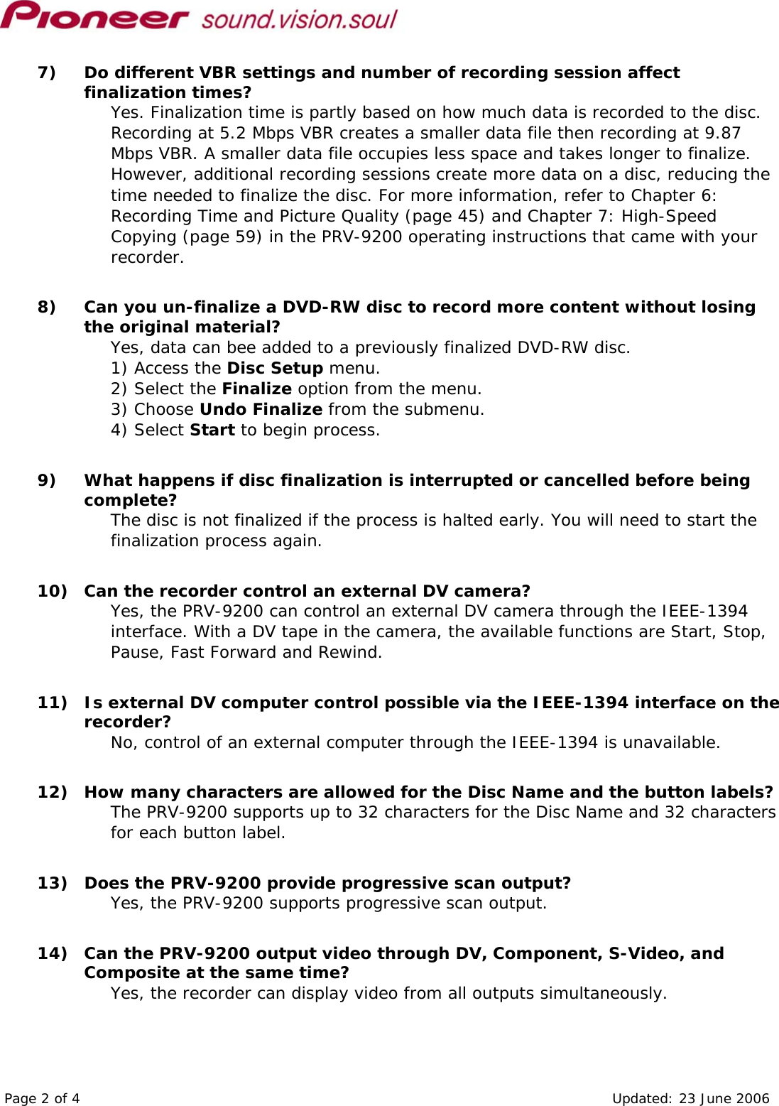 Page 2 of 4 - Pioneer Pioneer-Professional-Dvd-Recorder-Prv-9200-Users-Manual- R11 FAQ  Pioneer-professional-dvd-recorder-prv-9200-users-manual