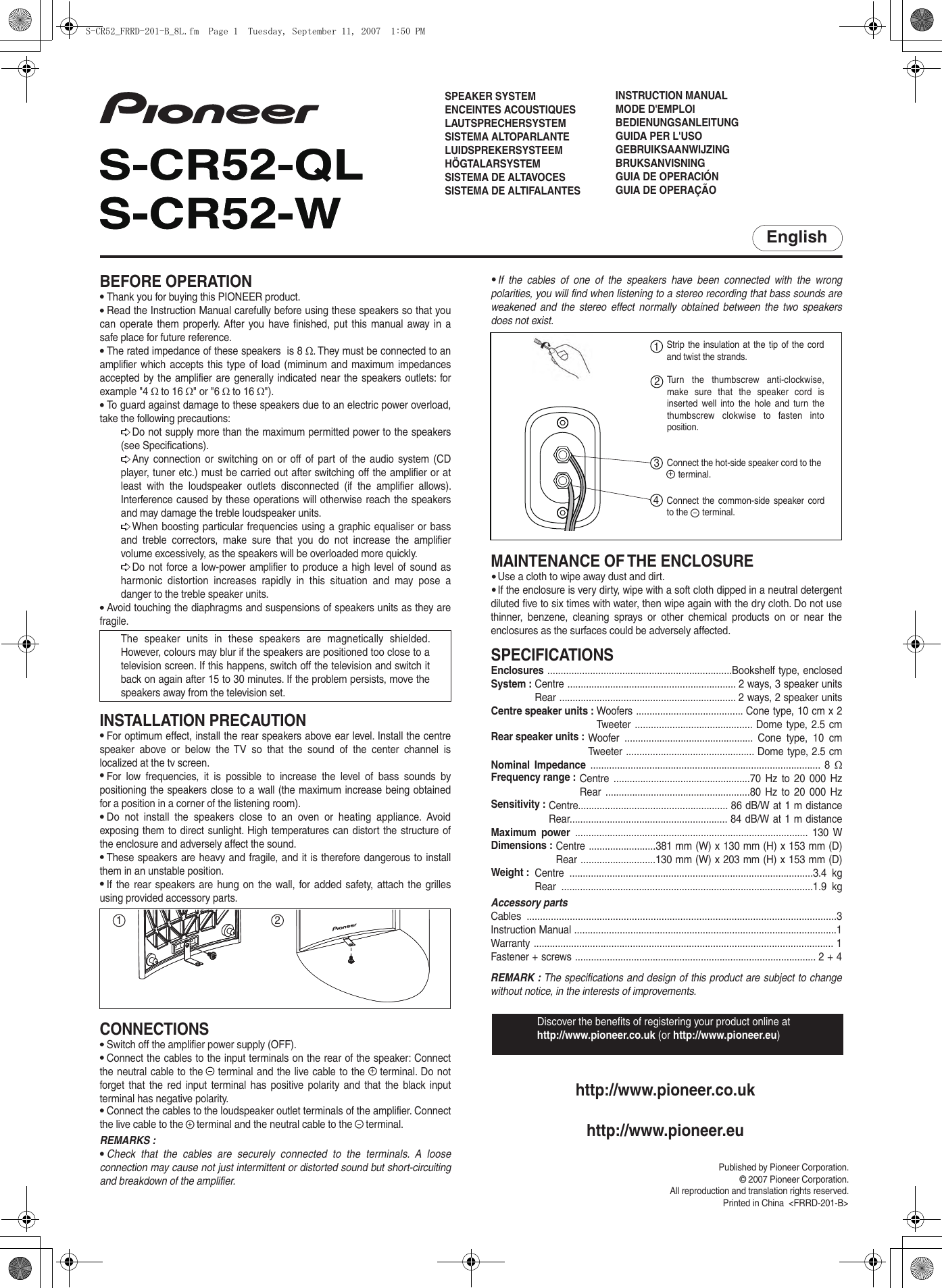 Page 1 of 8 - Pioneer Pioneer-S-Cr52-Ql-Users-Manual- FRRD-201-B  Pioneer-s-cr52-ql-users-manual