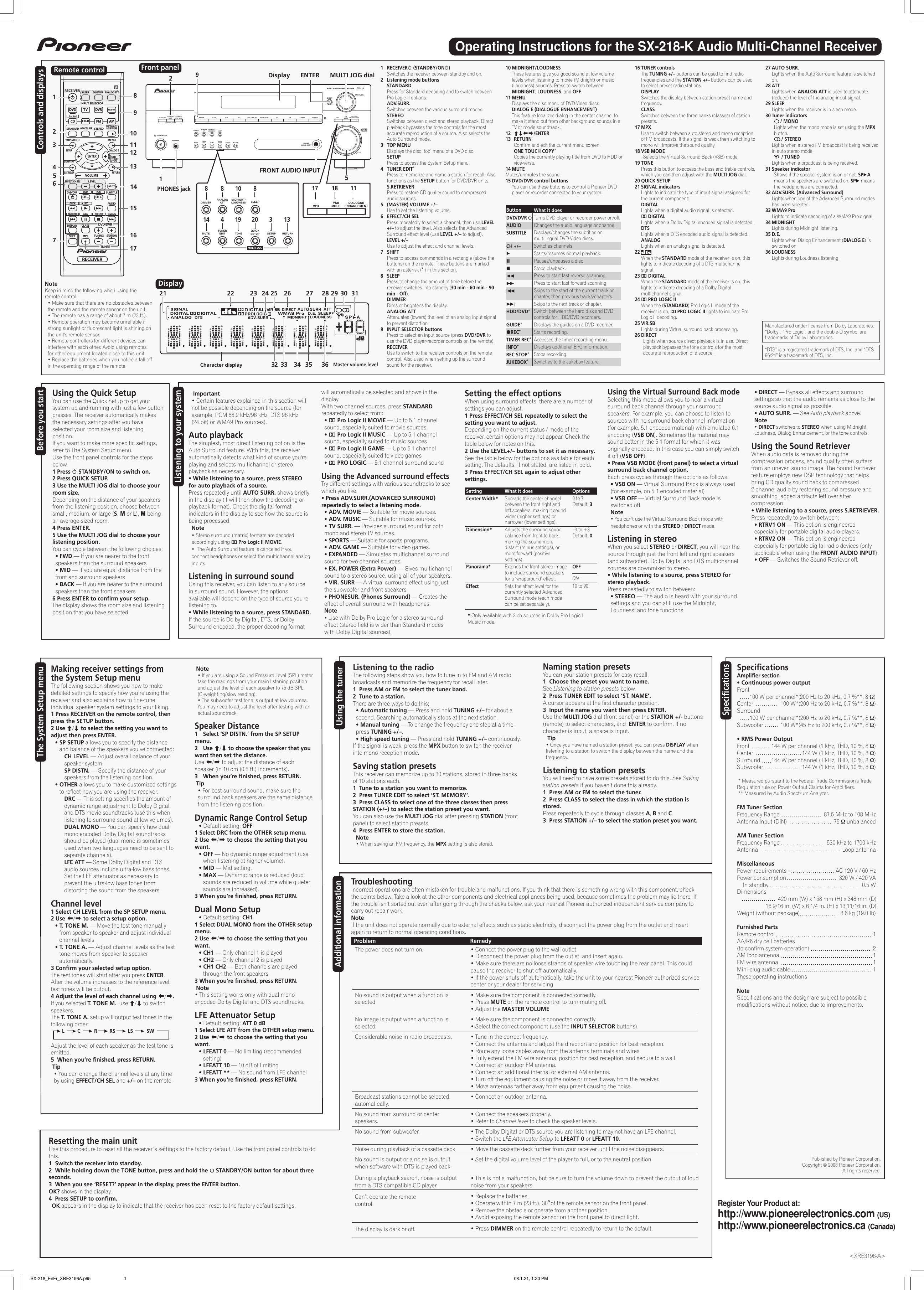 Page 1 of 2 - Pioneer Pioneer-Sx-218-K-Users-Manual- XRE3196-A  Pioneer-sx-218-k-users-manual