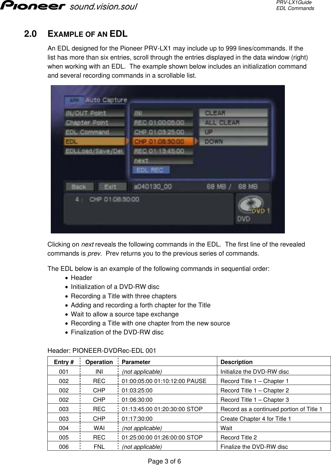 Page 3 of 6 - Pioneer Pioneer-T502202-Users-Manual- PRV-LX1 EDL Command Structure  Pioneer-t502202-users-manual