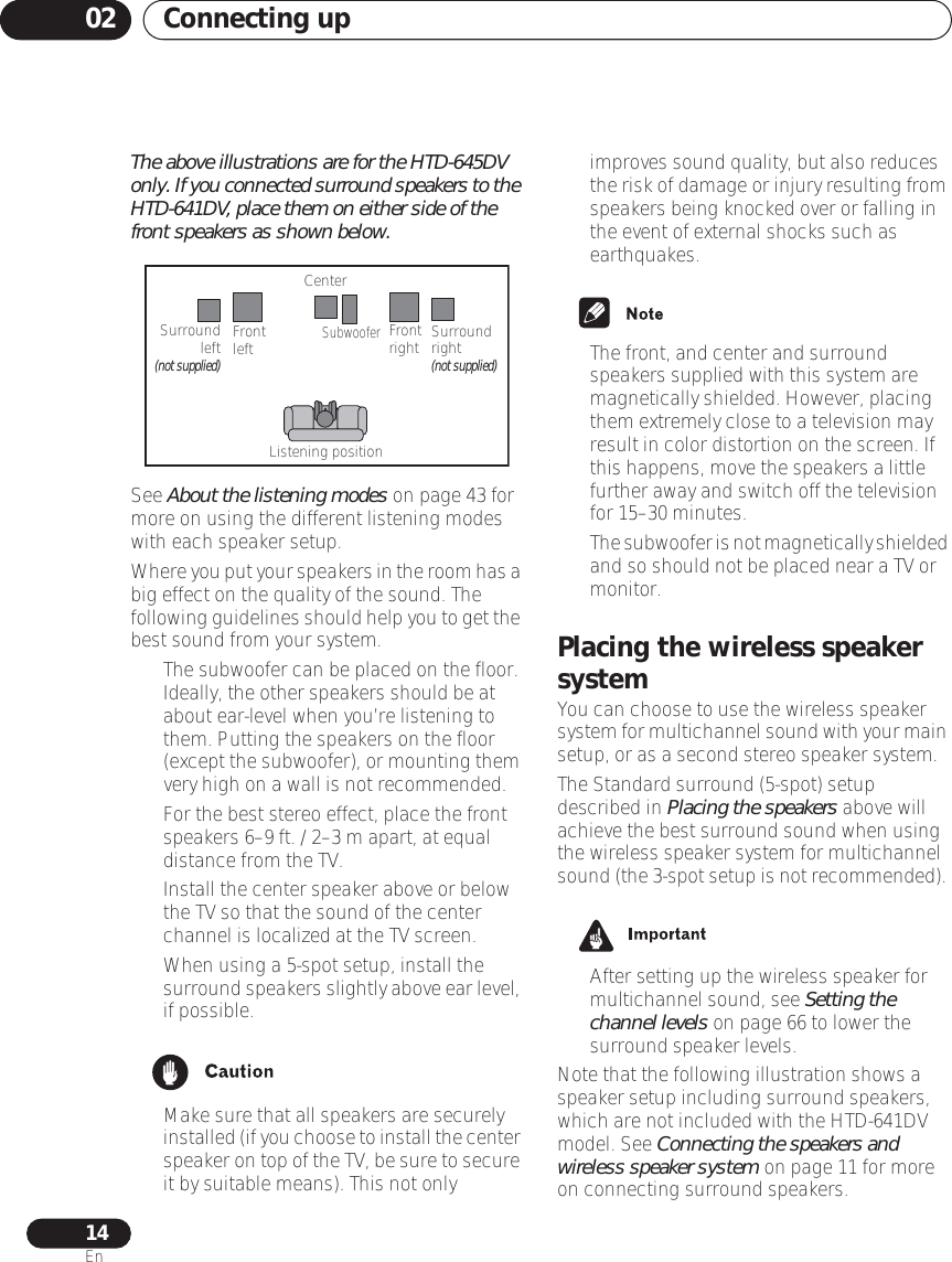 Connecting up0214EnThe above illustrations are for the HTD-645DV only. If you connected surround speakers to the HTD-641DV, place them on either side of the front speakers as shown below. See About the listening modes on page 43 for more on using the different listening modes with each speaker setup.Where you put your speakers in the room has a big effect on the quality of the sound. The following guidelines should help you to get the best sound from your system.• The subwoofer can be placed on the floor. Ideally, the other speakers should be at about ear-level when you’re listening to them. Putting the speakers on the floor (except the subwoofer), or mounting them very high on a wall is not recommended.• For the best stereo effect, place the front speakers 6–9 ft. / 2–3 m apart, at equal distance from the TV.• Install the center speaker above or below the TV so that the sound of the center channel is localized at the TV screen.• When using a 5-spot setup, install the surround speakers slightly above ear level, if possible.• Make sure that all speakers are securely installed (if you choose to install the center speaker on top of the TV, be sure to secure it by suitable means). This not only improves sound quality, but also reduces the risk of damage or injury resulting from speakers being knocked over or falling in the event of external shocks such as earthquakes.•The front, and center and surround speakers supplied with this system are magnetically shielded. However, placing them extremely close to a television may result in color distortion on the screen. If this happens, move the speakers a little further away and switch off the television for 15–30 minutes.•The subwoofer is not magnetically shielded and so should not be placed near a TV or monitor.Placing the wireless speaker systemYou can choose to use the wireless speaker system for multichannel sound with your main setup, or as a second stereo speaker system.  The Standard surround (5-spot) setup described in Placing the speakers above will achieve the best surround sound when using the wireless speaker system for multichannel sound (the 3-spot setup is not recommended). • After setting up the wireless speaker for multichannel sound, see Setting the channel levels on page 66 to lower the surround speaker levels. Note that the following illustration shows a speaker setup including surround speakers, which are not included with the HTD-641DV model. See Connecting the speakers and wireless speaker system on page 11 for more on connecting surround speakers. Front left Front rightSurround left(not supplied)Surround right (not supplied)Listening positionCenterSubwoofer