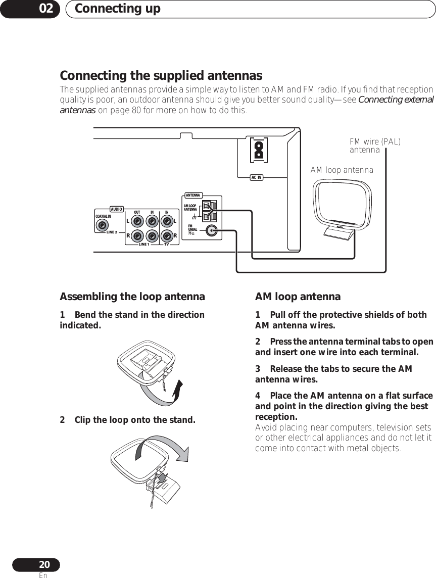 Connecting up0220EnConnecting the supplied antennasThe supplied antennas provide a simple way to listen to AM and FM radio. If you find that reception quality is poor, an outdoor antenna should give you better sound quality—see Connecting external antennas on page 80 for more on how to do this.Assembling the loop antenna1 Bend the stand in the direction indicated.2 Clip the loop onto the stand.AM loop antenna1 Pull off the protective shields of both AM antenna wires.2Press the antenna terminal tabs to open and insert one wire into each terminal.3 Release the tabs to secure the AM antenna wires.4Place the AM antenna on a flat surface and point in the direction giving the best reception.Avoid placing near computers, television sets or other electrical appliances and do not let it come into contact with metal objects.AUDIOANTENNAAC    INAM  LOOPANTENNAFMUNBAL75LINE 1LINE 2TVOUT IN INLRLRCOAXIAL INAM loop antennaFM wire (PAL) antenna