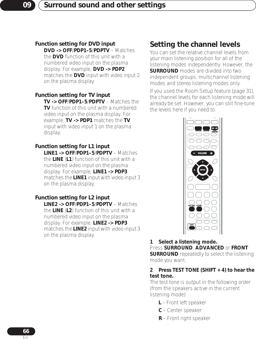 Surround sound and other settings0966EnFunction setting for DVD input•DVD -&gt; OFF/PDP1–5/PDPTV – Matches the DVD function of this unit with a numbered video input on the plasma display. For example, DVD -&gt; PDP2 matches the DVD input with video input 2 on the plasma display.Function setting for TV input•TV -&gt; OFF/PDP1–5/PDPTV – Matches the TV function of this unit with a numbered video input on the plasma display. For example, TV -&gt; PDP1 matches the TV input with video input 1 on the plasma display.Function setting for L1 input•LINE1 -&gt; OFF/PDP1–5/PDPTV – Matches the LINE (L1) function of this unit with a numbered video input on the plasma display. For example, LINE1 -&gt; PDP3 matches the LINE1 input with video input 3 on the plasma display.Function setting for L2 input•LINE2 -&gt; OFF/PDP1–5/PDPTV – Matches the LINE (L2) function of this unit with a numbered video input on the plasma display. For example, LINE2 -&gt; PDP3 matches the LINE2 input with video input 3 on the plasma display.Setting the channel levelsYou can set the relative channel levels from your main listening position for all of the listening modes independently. However, the SURROUND modes are divided into two independent groups: multichannel listening modes and stereo listening modes only.If you used the Room Setup feature (page 31), the channel levels for each listening mode will already be set. However, you can still fine-tune the levels here if you need to.1 Select a listening mode.Press SURROUND, ADVANCED or FRONT SURROUND repeatedly to select the listening mode you want.2Press TEST TONE (SHIFT + 4) to hear the test tone.The test tone is output in the following order (from the speakers active in the current listening mode):•L – Front left speaker•C – Center speaker•R – Front right speakerSHIFT VOLUMEENTERSURROUND ADVANCEDTEST  TONE CH  LEVELFRONTSURROUND