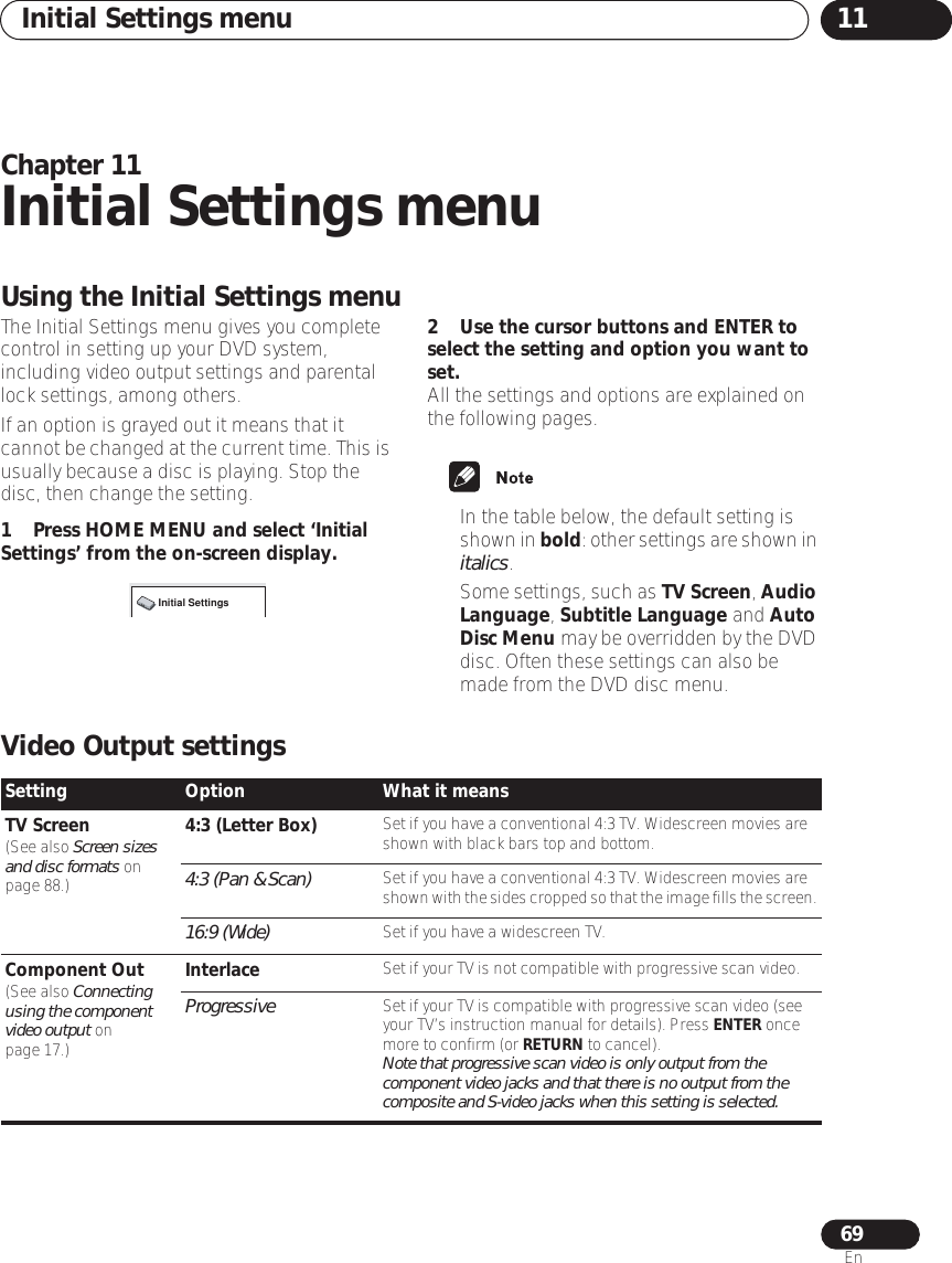 Initial Settings menu 1169EnChapter 11Initial Settings menuUsing the Initial Settings menuThe Initial Settings menu gives you complete control in setting up your DVD system, including video output settings and parental lock settings, among others.If an option is grayed out it means that it cannot be changed at the current time. This is usually because a disc is playing. Stop the disc, then change the setting.1 Press HOME MENU and select ‘Initial Settings’ from the on-screen display.2 Use the cursor buttons and ENTER to select the setting and option you want to set.All the settings and options are explained on the following pages.• In the table below, the default setting is shown in bold: other settings are shown in italics.•Some settings, such as TV Screen, Audio Language, Subtitle Language and Auto Disc Menu may be overridden by the DVD disc. Often these settings can also be made from the DVD disc menu.Video Output settingsInitial SettingsSetting Option What it meansTV Screen(See also Screen sizes and disc formats on page 88.)4:3 (Letter Box) Set if you have a conventional 4:3 TV. Widescreen movies are shown with black bars top and bottom.4:3 (Pan &amp; Scan) Set if you have a conventional 4:3 TV. Widescreen movies are shown with the sides cropped so that the image fills the screen.16:9 (Wide) Set if you have a widescreen TV.Component Out(See also Connecting using the component video output on page 17.)Interlace Set if your TV is not compatible with progressive scan video.Progressive Set if your TV is compatible with progressive scan video (see your TV’s instruction manual for details). Press ENTER once more to confirm (or RETURN to cancel).Note that progressive scan video is only output from the component video jacks and that there is no output from the composite and S-video jacks when this setting is selected.