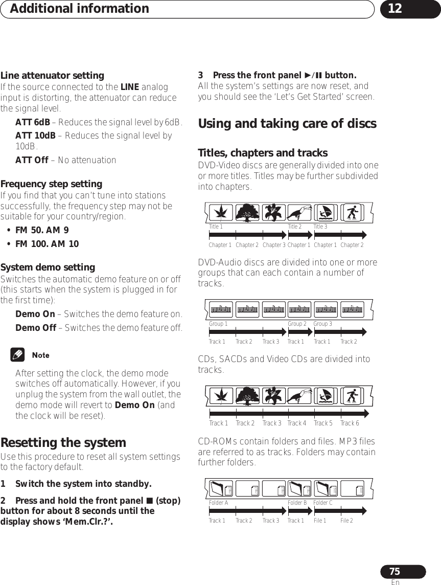 Additional information 1275EnLine attenuator settingIf the source connected to the LINE analog input is distorting, the attenuator can reduce the signal level.•ATT 6dB – Reduces the signal level by 6dB.•ATT 10dB – Reduces the signal level by 10dB.•ATT Off – No attenuationFrequency step settingIf you find that you can’t tune into stations successfully, the frequency step may not be suitable for your country/region.• FM 50. AM 9• FM 100. AM 10System demo settingSwitches the automatic demo feature on or off (this starts when the system is plugged in for the first time):•Demo On – Switches the demo feature on.•Demo Off – Switches the demo feature off.• After setting the clock, the demo mode switches off automatically. However, if you unplug the system from the wall outlet, the demo mode will revert to Demo On (and the clock will be reset).Resetting the systemUse this procedure to reset all system settings to the factory default.1 Switch the system into standby.2Press and hold the front panel  (stop) button for about 8 seconds until the display shows ‘Mem.Clr.?’.3 Press the front panel  button.All the system’s settings are now reset, and you should see the ‘Let’s Get Started’ screen.Using and taking care of discsTitles, chapters and tracksDVD-Video discs are generally divided into one or more titles. Titles may be further subdivided into chapters.DVD-Audio discs are divided into one or more groups that can each contain a number of tracks.CDs, SACDs and Video CDs are divided into tracks.CD-ROMs contain folders and files. MP3 files are referred to as tracks. Folders may contain further folders.Title 1 Title 2 Title 3Chapter 1 Chapter 2 Chapter 3 Chapter 1 Chapter 1 Chapter 2Group 1 Group 2 Group 3Track 1 Track 2 Track 3 Track 1 Track 1 Track 2Track 1 Track 2 Track 3 Track 4 Track 5 Track 6Folder A Folder B Folder CTrack 1 Track 2 Track 3 Track 1 File 1 File 2.mp3.mp3.mp3.mp3.jpg.jpg