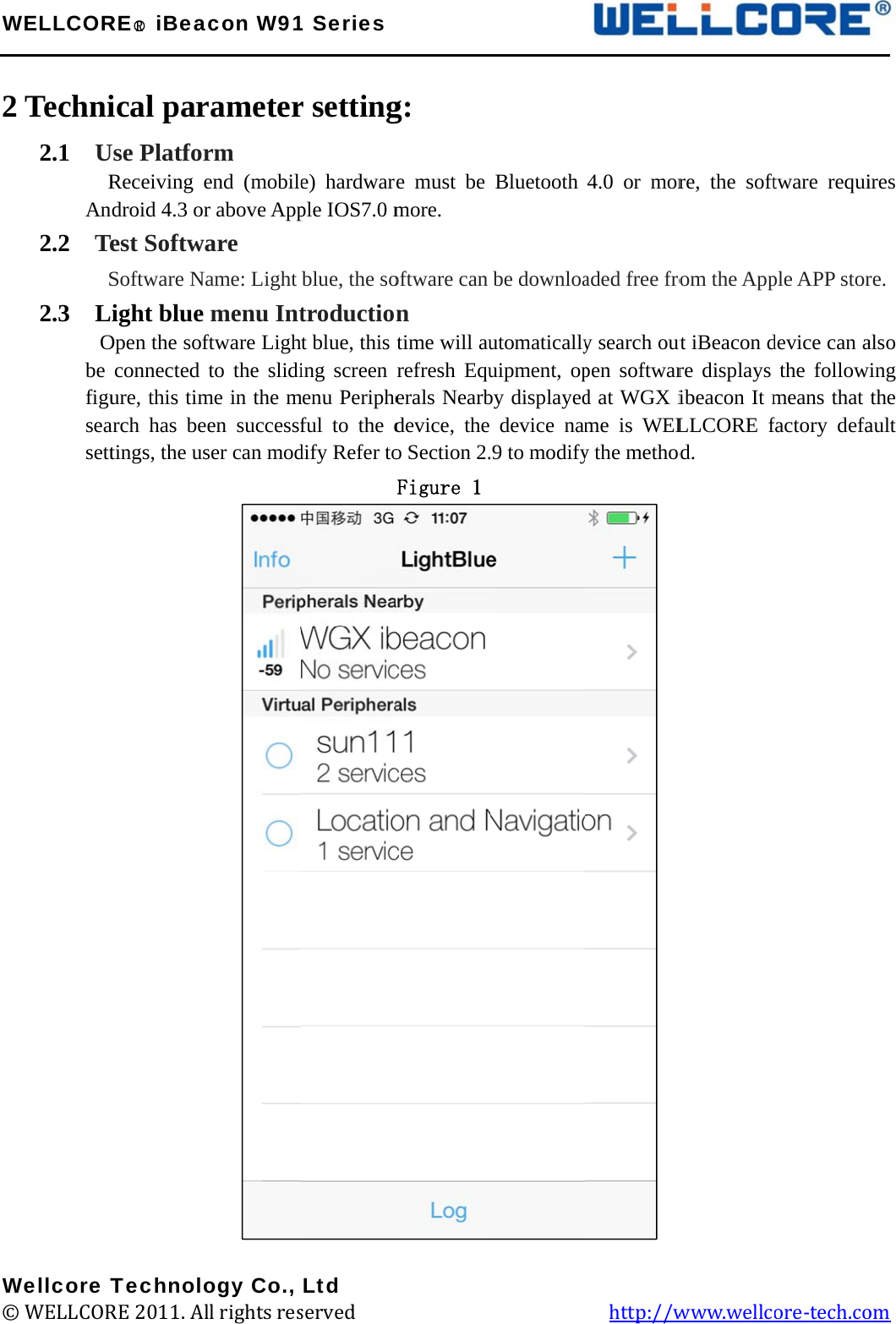 W 2      W©WELLCOR Techni2.1  U         RAn2.2  Te        S2.3  L        Obe figuseasettWellcore T© WELLCORRE○R iBeaical parUse PlatforReceiving edroid 4.3 orest SoftwaSoftware Naight blue Open the sofconnected ure, this timarch has betings, the usTechnoloRE 2011. Alacon W91rameterrm end (mobiler above Appare ame: Light menu Intftware Lighto the slidime in the men successfser can modogy Co., ll rights res1 Seriesr settinge) hardwarple IOS7.0 mblue, the sotroductiot blue, this ing screen menu Peripheful to the ddify Refer toLtd served             g: re must be more. oftware can n time will aurefresh Equerals Nearbdevice, the o Section 2.Figure 1                    Bluetooth be downloautomaticallyuipment, opby displayeddevice nam.9 to modify         4.0 or moraded free froy search outpen softward at WGX ime is WELy the method   http://wre, the softom the Apput iBeacon dre displays ibeacon It mLLCORE fd. www.wellctware requiple APP stordevice can athe followmeans that factory defaore-tech.co  ires re. also ing the ault  om 