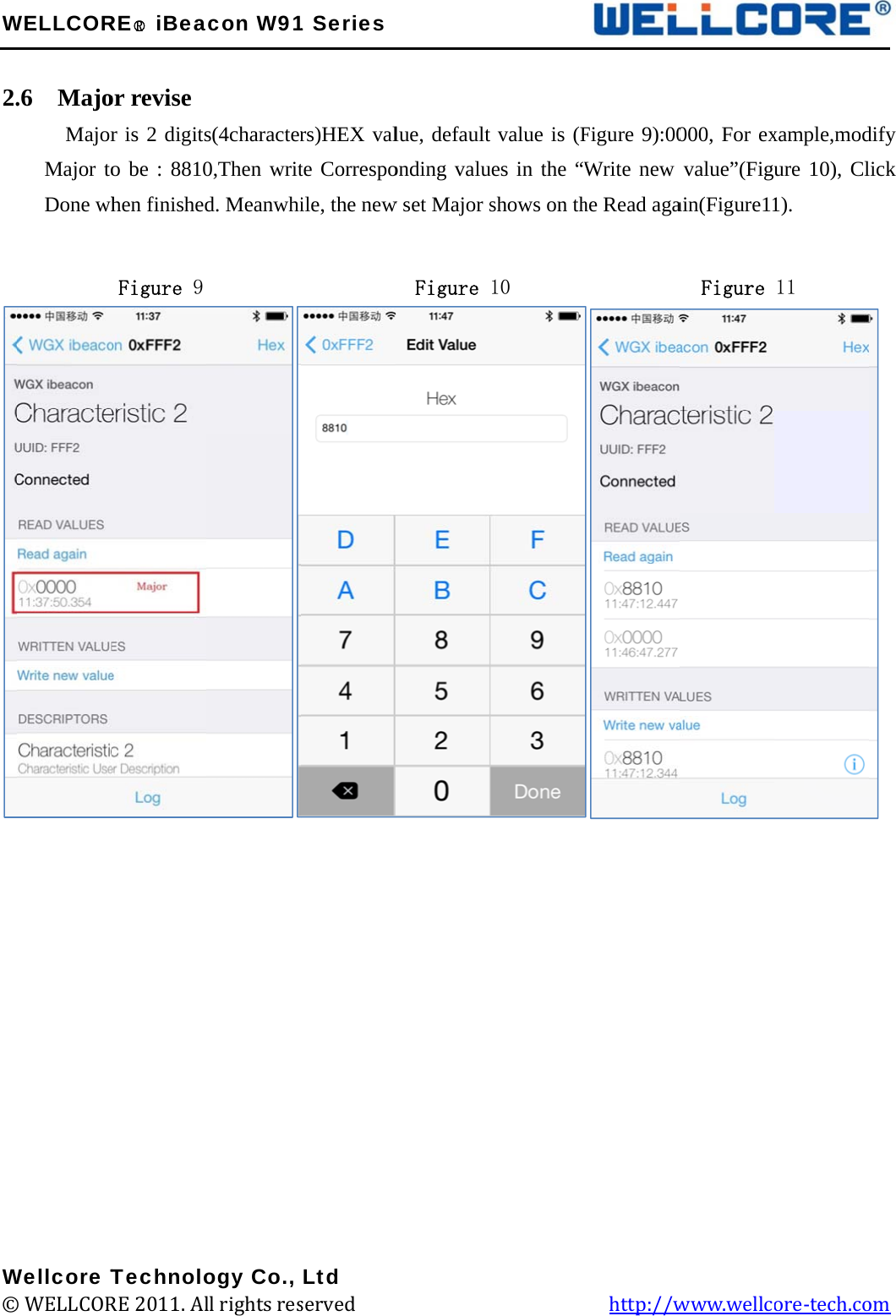 W 2.                      W©WELLCOR.6  Majo    MajorMajor toDone wh         Wellcore T© WELLCORRE○R iBeaor revise r is 2 digitso be : 8810hen finishedFigure 9 TechnoloRE 2011. Alacon W91s(4character0,Then writd. Meanwhi         ogy Co., ll rights res1 Seriesrs)HEX valte Correspoile, the new         Ltd served             lue, defaultonding valuw set Major s Figure                    value is (Fues in the “Wshows on th10                 Figure 9):00Write new he Read aga           http://w000, For exvalue”(Figuain(Figure11  Figure www.wellcxample,modure 10), Cl1). 11 ore-tech.co  dify lick  om 
