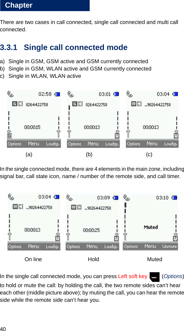 40Chapter3There are two cases in call connected, single call connected and multi call connected.3.3.1 Single call connected modea) Single in GSM, GSM active and GSM currently connectedb) Single in GSM, WLAN active and GSM currently connectedc) Single in WLAN, WLAN active(a) (b) (c)In the single connected mode, there are 4 elements in the main zone, including signal bar, call state icon, name / number of the remote side, and call timer.     On line            Hold             Muted In the single call connected mode, you can press Left soft key  (Options) to hold or mute the call: by holding the call, the two remote sides can’t hear each other (middle picture above); by muting the call, you can hear the remote side while the remote side can’t hear you.