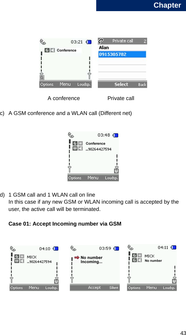 Chapter433   A conference       Private call c) A GSM conference and a WLAN call (Different net)d) 1 GSM call and 1 WLAN call on lineIn this case if any new GSM or WLAN incoming call is accepted by the user, the active call will be terminated. Case 01: Accept Incoming number via GSM