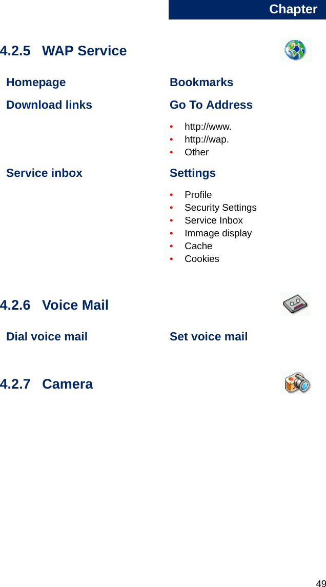 Chapter4944.2.5 WAP Service  4.2.6 Voice Mail  4.2.7 Camera  Homepage BookmarksDownload links Go To Address•http://www.•http://wap.•OtherService inbox Settings•Profile•Security Settings•Service Inbox•Immage display•Cache•CookiesDial voice mail Set voice mail