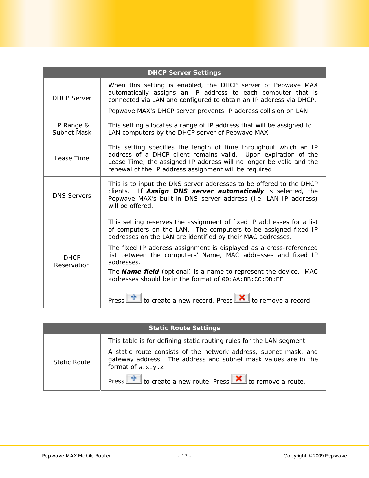       Pepwave MAX Mobile Router    - 17 -   Copyright © 2009 Pepwave   DHCP Server Settings DHCP Server When this setting is enabled, the DHCP server of Pepwave MAX automatically assigns an IP address to each computer that is connected via LAN and configured to obtain an IP address via DHCP.  Pepwave MAX’s DHCP server prevents IP address collision on LAN. IP Range &amp; Subnet Mask  This setting allocates a range of IP address that will be assigned to LAN computers by the DHCP server of Pepwave MAX. Lease Time This setting specifies the length of time throughout which an IP address of a DHCP client remains valid.  Upon expiration of the Lease Time, the assigned IP address will no longer be valid and the renewal of the IP address assignment will be required. DNS Servers This is to input the DNS server addresses to be offered to the DHCP clients.  If Assign DNS server automatically is selected, the Pepwave MAX’s built-in DNS server address (i.e. LAN IP address) will be offered. DHCP Reservation This setting reserves the assignment of fixed IP addresses for a list of computers on the LAN.  The computers to be assigned fixed IP addresses on the LAN are identified by their MAC addresses.   The fixed IP address assignment is displayed as a cross-referenced list between the computers’ Name, MAC addresses and fixed IP addresses. The Name field (optional) is a name to represent the device.  MAC addresses should be in the format of 00:AA:BB:CC:DD:EE  Press   to create a new record. Press   to remove a record.   Static Route Settings Static Route This table is for defining static routing rules for the LAN segment.  A static route consists of the network address, subnet mask, and gateway address.  The address and subnet mask values are in the format of w.x.y.z Press   to create a new route. Press   to remove a route.      