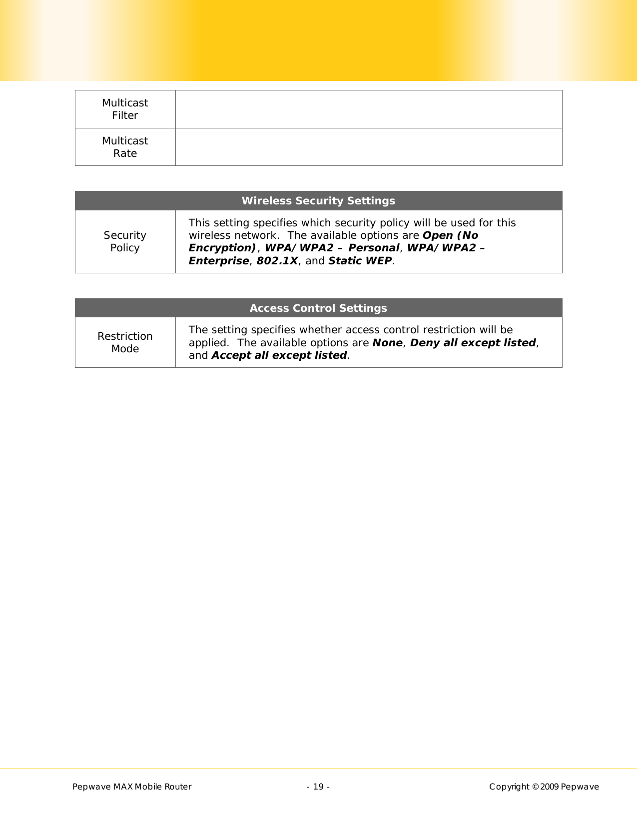        Pepwave MAX Mobile Router    - 19 -   Copyright © 2009 Pepwave Multicast Filter   Multicast Rate    Wireless Security Settings Security Policy This setting specifies which security policy will be used for this wireless network.  The available options are Open (No Encryption), WPA/WPA2 – Personal, WPA/WPA2 – Enterprise, 802.1X, and Static WEP.    Access Control Settings Restriction Mode The setting specifies whether access control restriction will be applied.  The available options are None, Deny all except listed, and Accept all except listed.  