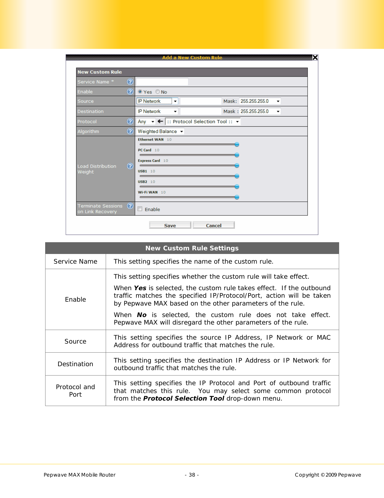        Pepwave MAX Mobile Router    - 38 -   Copyright © 2009 Pepwave  New Custom Rule Settings Service Name  This setting specifies the name of the custom rule. Enable This setting specifies whether the custom rule will take effect. When Yes is selected, the custom rule takes effect.  If the outbound traffic matches the specified IP/Protocol/Port, action will be taken by Pepwave MAX based on the other parameters of the rule. When  No is selected, the custom rule does not take effect.  Pepwave MAX will disregard the other parameters of the rule. Source  This setting specifies the source IP Address, IP Network or MAC Address for outbound traffic that matches the rule. Destination  This setting specifies the destination IP Address or IP Network for outbound traffic that matches the rule. Protocol and Port This setting specifies the IP Protocol and Port of outbound traffic that matches this rule.  You may select some common protocol from the Protocol Selection Tool drop-down menu. 