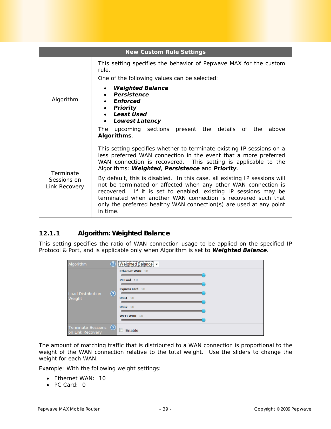        Pepwave MAX Mobile Router    - 39 -   Copyright © 2009 Pepwave New Custom Rule Settings Algorithm This setting specifies the behavior of Pepwave MAX for the custom rule. One of the following values can be selected:   Weighted Balance  Persistence  Enforced  Priority  Least Used  Lowest Latency The upcoming sections present the details of the above Algorithms. Terminate Sessions on Link Recovery This setting specifies whether to terminate existing IP sessions on a less preferred WAN connection in the event that a more preferred WAN connection is recovered.  This setting is applicable to the Algorithms: Weighted, Persistence and Priority. By default, this is disabled.  In this case, all existing IP sessions will not be terminated or affected when any other WAN connection is recovered.  If it is set to enabled, existing IP sessions may be terminated when another WAN connection is recovered such that only the preferred healthy WAN connection(s) are used at any point in time.  12.1.1 Algorithm: Weighted Balance This setting specifies the ratio of WAN connection usage to be applied on the specified IP Protocol &amp; Port, and is applicable only when Algorithm is set to Weighted Balance.  The amount of matching traffic that is distributed to a WAN connection is proportional to the weight of the WAN connection relative to the total weight.  Use the sliders to change the weight for each WAN. Example: With the following weight settings:  Ethernet WAN:  10  PC Card:  0 