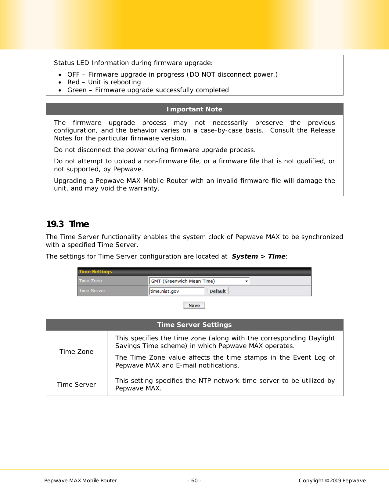        Pepwave MAX Mobile Router    - 60 -   Copyright © 2009 Pepwave Status LED Information during firmware upgrade:  OFF – Firmware upgrade in progress (DO NOT disconnect power.)  Red – Unit is rebooting  Green – Firmware upgrade successfully completed  Important Note The firmware upgrade process may not necessarily preserve the previous configuration, and the behavior varies on a case-by-case basis.  Consult the Release Notes for the particular firmware version. Do not disconnect the power during firmware upgrade process. Do not attempt to upload a non-firmware file, or a firmware file that is not qualified, or not supported, by Pepwave.  Upgrading a Pepwave MAX Mobile Router with an invalid firmware file will damage the unit, and may void the warranty.  19.3 Time The Time Server functionality enables the system clock of Pepwave MAX to be synchronized with a specified Time Server. The settings for Time Server configuration are located at  System &gt; Time:  Time Server Settings Time Zone This specifies the time zone (along with the corresponding Daylight Savings Time scheme) in which Pepwave MAX operates. The Time Zone value affects the time stamps in the Event Log of Pepwave MAX and E-mail notifications.  Time Server  This setting specifies the NTP network time server to be utilized by Pepwave MAX. 