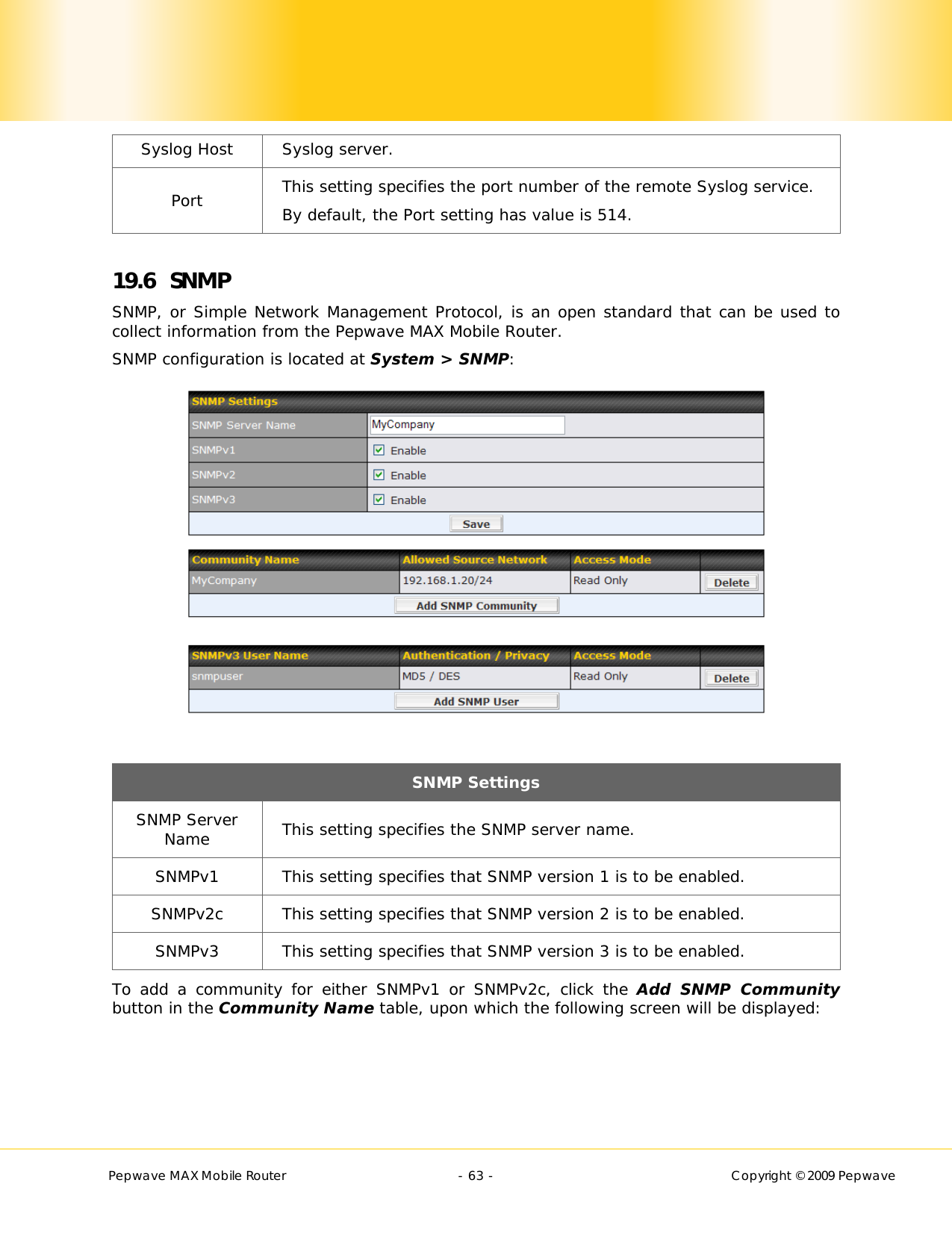        Pepwave MAX Mobile Router    - 63 -   Copyright © 2009 Pepwave Syslog Host  Syslog server. Port  This setting specifies the port number of the remote Syslog service. By default, the Port setting has value is 514.  19.6 SNMP SNMP, or Simple Network Management Protocol, is an open standard that can be used to collect information from the Pepwave MAX Mobile Router. SNMP configuration is located at System &gt; SNMP:   SNMP Settings SNMP Server Name  This setting specifies the SNMP server name. SNMPv1  This setting specifies that SNMP version 1 is to be enabled. SNMPv2c  This setting specifies that SNMP version 2 is to be enabled. SNMPv3  This setting specifies that SNMP version 3 is to be enabled. To add a community for either SNMPv1 or SNMPv2c, click the Add SNMP Community button in the Community Name table, upon which the following screen will be displayed: 