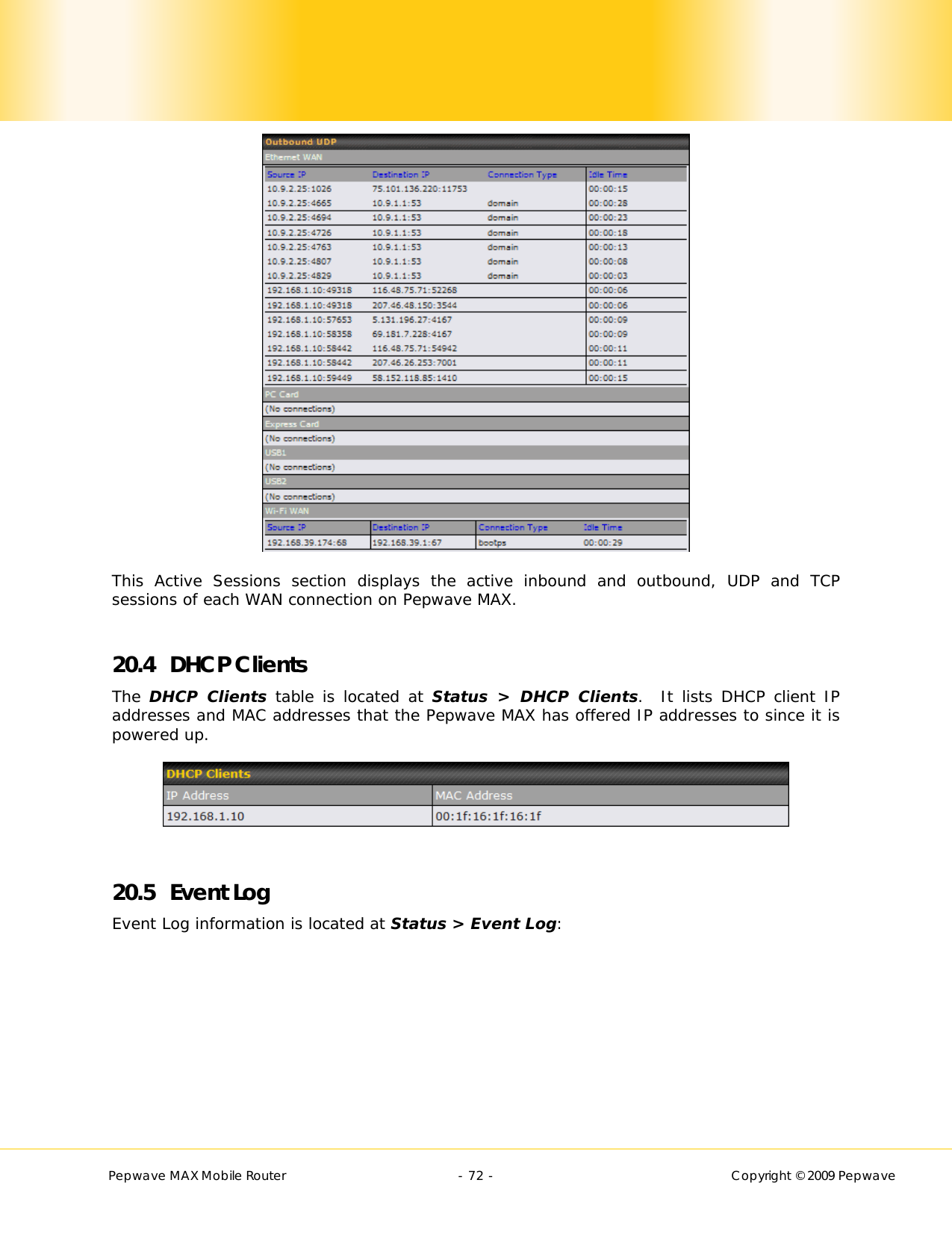        Pepwave MAX Mobile Router    - 72 -   Copyright © 2009 Pepwave  This Active Sessions section displays the active inbound and outbound, UDP and TCP sessions of each WAN connection on Pepwave MAX.     20.4 DHCP Clients The DHCP Clients table is located at Status &gt; DHCP Clients.  It lists DHCP client IP addresses and MAC addresses that the Pepwave MAX has offered IP addresses to since it is powered up.    20.5 Event Log Event Log information is located at Status &gt; Event Log: 