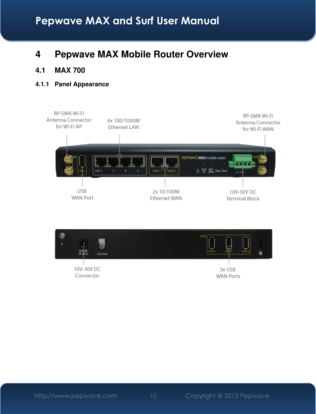  Pepwave MAX and Surf User Manual http://www.pepwave.com 10 Copyright @ 2015 Pepwave   4  Pepwave MAX Mobile Router Overview 4.1  MAX 700 4.1.1  Panel Appearance       