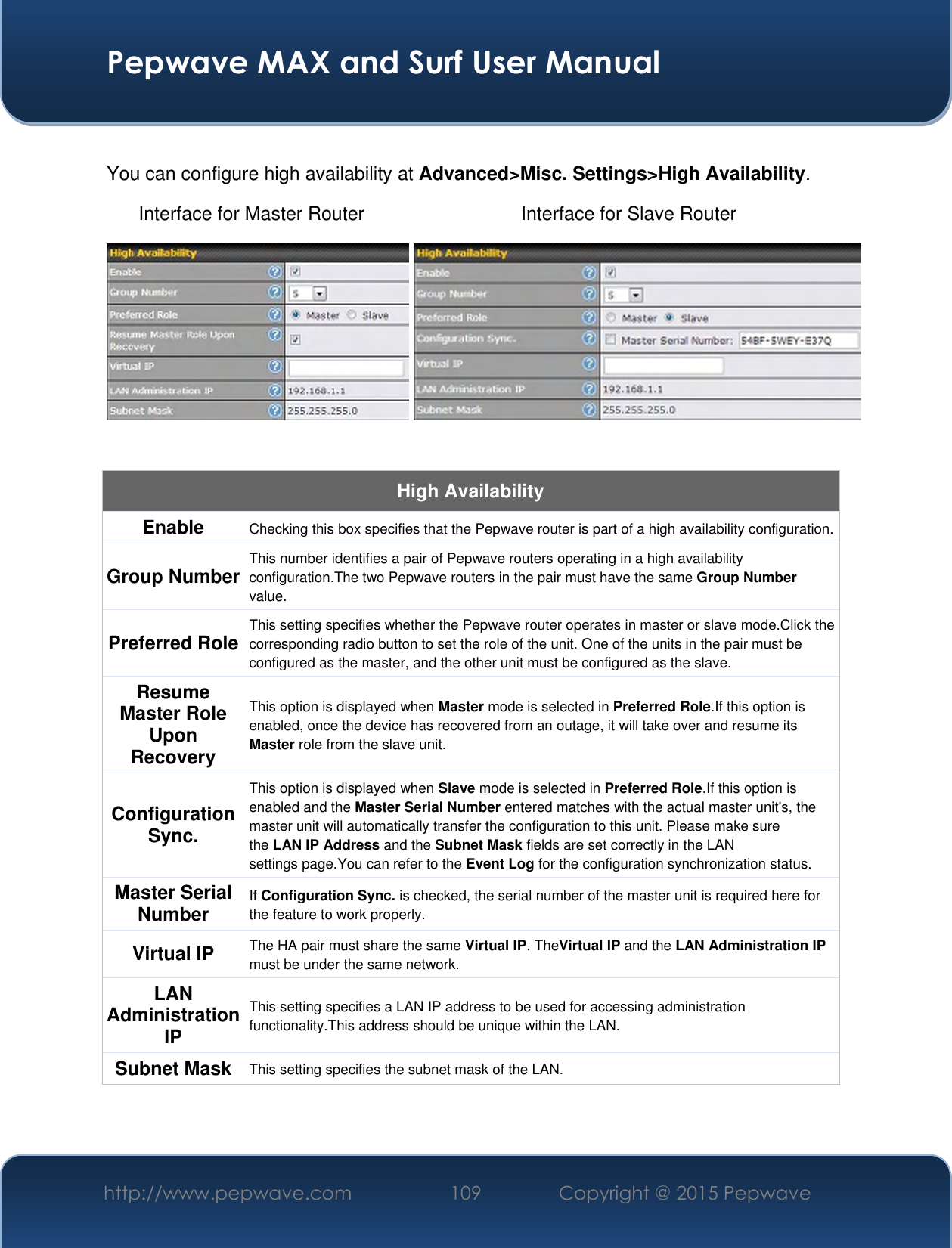  Pepwave MAX and Surf User Manual http://www.pepwave.com 109 Copyright @ 2015 Pepwave    You can configure high availability at Advanced&gt;Misc. Settings&gt;High Availability. Interface for Master Router Interface for Slave Router    High Availability Enable Checking this box specifies that the Pepwave router is part of a high availability configuration. Group Number This number identifies a pair of Pepwave routers operating in a high availability configuration.The two Pepwave routers in the pair must have the same Group Number value. Preferred Role This setting specifies whether the Pepwave router operates in master or slave mode.Click the corresponding radio button to set the role of the unit. One of the units in the pair must be configured as the master, and the other unit must be configured as the slave. Resume Master Role Upon Recovery This option is displayed when Master mode is selected in Preferred Role.If this option is enabled, once the device has recovered from an outage, it will take over and resume its Master role from the slave unit. Configuration Sync. This option is displayed when Slave mode is selected in Preferred Role.If this option is enabled and the Master Serial Number entered matches with the actual master unit&apos;s, the master unit will automatically transfer the configuration to this unit. Please make sure the LAN IP Address and the Subnet Mask fields are set correctly in the LAN settings page.You can refer to the Event Log for the configuration synchronization status. Master Serial Number If Configuration Sync. is checked, the serial number of the master unit is required here for the feature to work properly. Virtual IP The HA pair must share the same Virtual IP. TheVirtual IP and the LAN Administration IP must be under the same network. LAN Administration IP This setting specifies a LAN IP address to be used for accessing administration functionality.This address should be unique within the LAN. Subnet Mask This setting specifies the subnet mask of the LAN.   