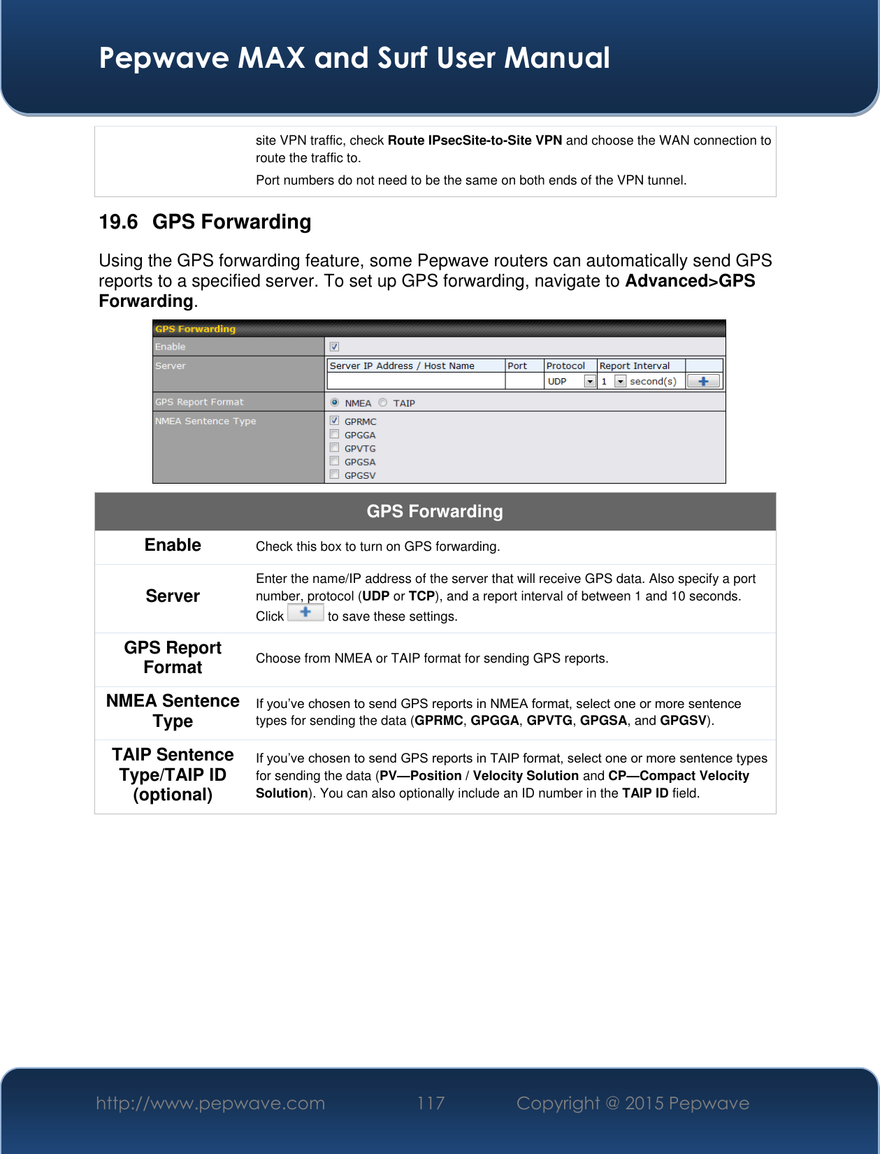  Pepwave MAX and Surf User Manual http://www.pepwave.com 117 Copyright @ 2015 Pepwave   site VPN traffic, check Route IPsecSite-to-Site VPN and choose the WAN connection to route the traffic to. Port numbers do not need to be the same on both ends of the VPN tunnel. 19.6  GPS Forwarding Using the GPS forwarding feature, some Pepwave routers can automatically send GPS reports to a specified server. To set up GPS forwarding, navigate to Advanced&gt;GPS Forwarding.  GPS Forwarding Enable Check this box to turn on GPS forwarding. Server Enter the name/IP address of the server that will receive GPS data. Also specify a port number, protocol (UDP or TCP), and a report interval of between 1 and 10 seconds. Click   to save these settings. GPS Report Format Choose from NMEA or TAIP format for sending GPS reports. NMEA Sentence Type If you’ve chosen to send GPS reports in NMEA format, select one or more sentence types for sending the data (GPRMC, GPGGA, GPVTG, GPGSA, and GPGSV). TAIP Sentence Type/TAIP ID (optional) If you’ve chosen to send GPS reports in TAIP format, select one or more sentence types for sending the data (PV—Position / Velocity Solution and CP—Compact Velocity Solution). You can also optionally include an ID number in the TAIP ID field.     