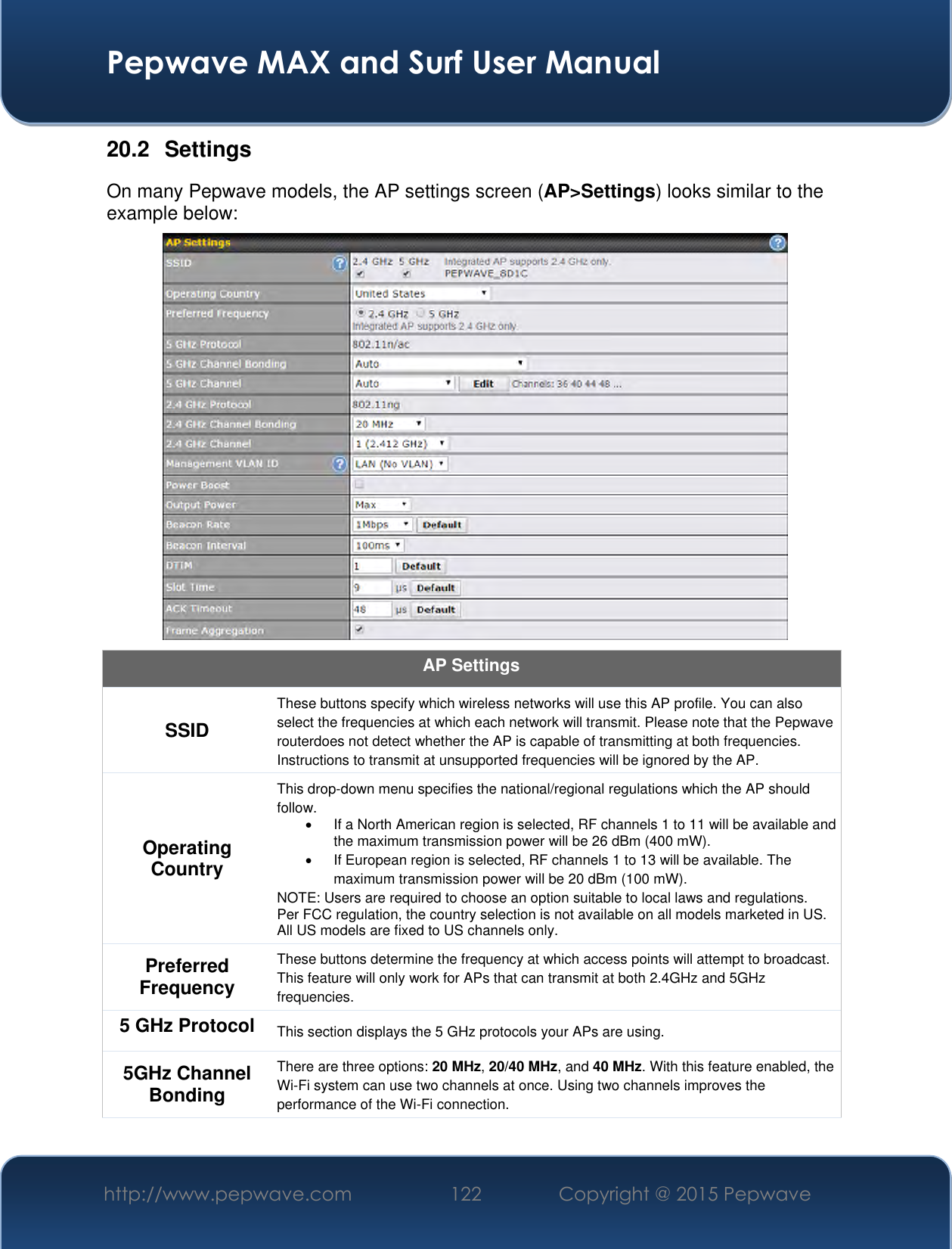  Pepwave MAX and Surf User Manual http://www.pepwave.com 122 Copyright @ 2015 Pepwave   20.2  Settings On many Pepwave models, the AP settings screen (AP&gt;Settings) looks similar to the example below:   AP Settings SSID These buttons specify which wireless networks will use this AP profile. You can also select the frequencies at which each network will transmit. Please note that the Pepwave routerdoes not detect whether the AP is capable of transmitting at both frequencies. Instructions to transmit at unsupported frequencies will be ignored by the AP. Operating Country This drop-down menu specifies the national/regional regulations which the AP should follow.     If a North American region is selected, RF channels 1 to 11 will be available and the maximum transmission power will be 26 dBm (400 mW).     If European region is selected, RF channels 1 to 13 will be available. The maximum transmission power will be 20 dBm (100 mW). NOTE: Users are required to choose an option suitable to local laws and regulations. Per FCC regulation, the country selection is not available on all models marketed in US. All US models are fixed to US channels only. Preferred Frequency These buttons determine the frequency at which access points will attempt to broadcast. This feature will only work for APs that can transmit at both 2.4GHz and 5GHz frequencies. 5 GHz Protocol This section displays the 5 GHz protocols your APs are using. 5GHz Channel Bonding There are three options: 20 MHz, 20/40 MHz, and 40 MHz. With this feature enabled, the Wi-Fi system can use two channels at once. Using two channels improves the performance of the Wi-Fi connection.  