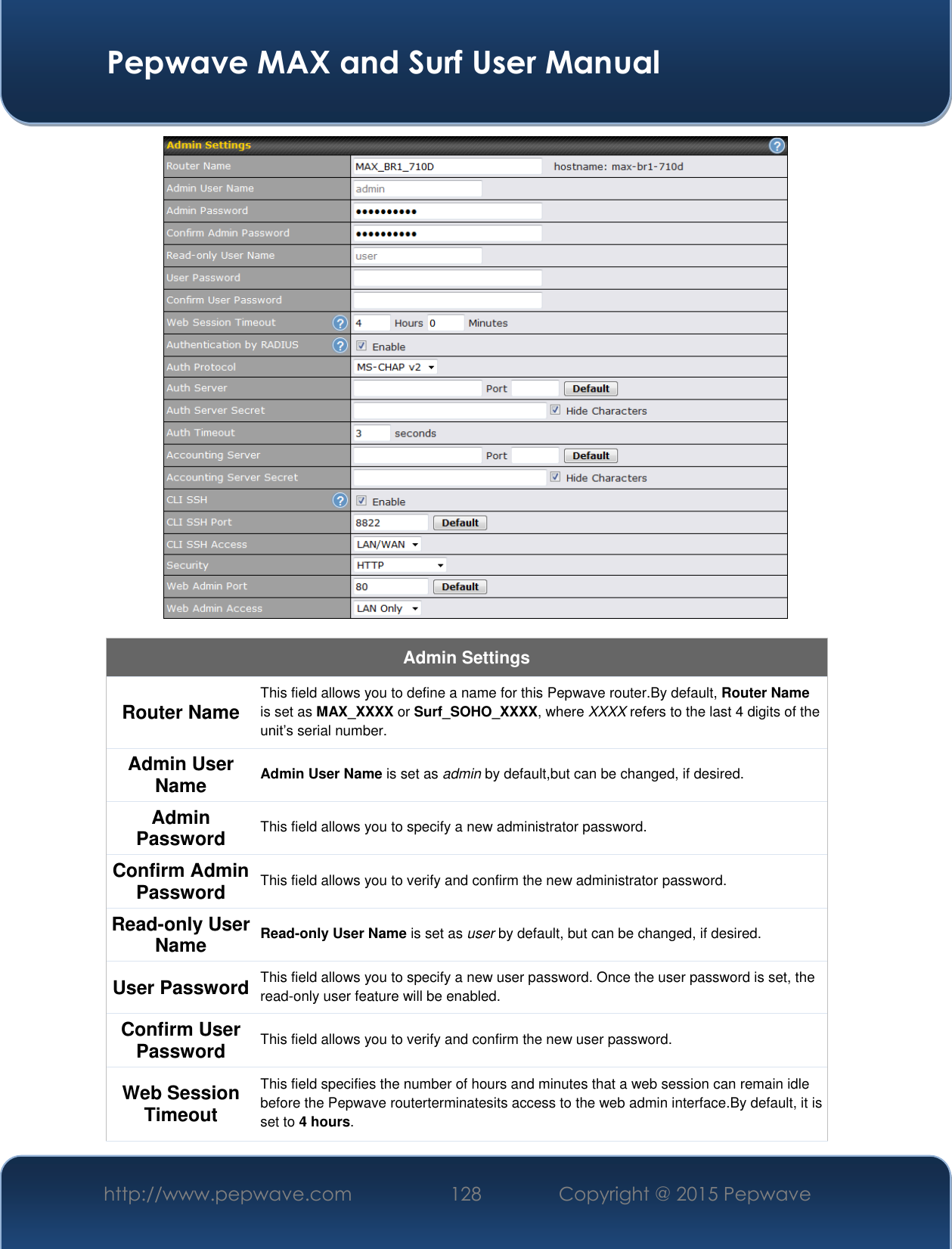  Pepwave MAX and Surf User Manual http://www.pepwave.com 128 Copyright @ 2015 Pepwave    Admin Settings Router Name This field allows you to define a name for this Pepwave router.By default, Router Name is set as MAX_XXXX or Surf_SOHO_XXXX, where XXXX refers to the last 4 digits of the unit’s serial number. Admin User Name Admin User Name is set as admin by default,but can be changed, if desired. Admin Password This field allows you to specify a new administrator password. Confirm Admin Password This field allows you to verify and confirm the new administrator password. Read-only User Name Read-only User Name is set as user by default, but can be changed, if desired. User Password This field allows you to specify a new user password. Once the user password is set, the read-only user feature will be enabled. Confirm User Password This field allows you to verify and confirm the new user password. Web Session Timeout This field specifies the number of hours and minutes that a web session can remain idle before the Pepwave routerterminatesits access to the web admin interface.By default, it is set to 4 hours. 