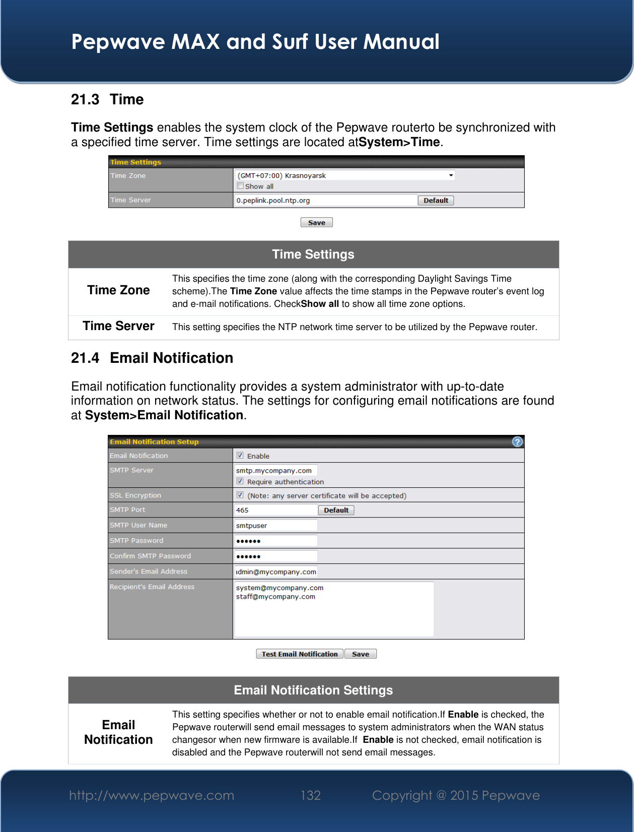  Pepwave MAX and Surf User Manual http://www.pepwave.com 132 Copyright @ 2015 Pepwave   21.3  Time Time Settings enables the system clock of the Pepwave routerto be synchronized with a specified time server. Time settings are located atSystem&gt;Time.  Time Settings Time Zone This specifies the time zone (along with the corresponding Daylight Savings Time scheme).The Time Zone value affects the time stamps in the Pepwave router’s event log and e-mail notifications. CheckShow all to show all time zone options. Time Server This setting specifies the NTP network time server to be utilized by the Pepwave router. 21.4  Email Notification Email notification functionality provides a system administrator with up-to-date information on network status. The settings for configuring email notifications are found at System&gt;Email Notification.  Email Notification Settings Email Notification This setting specifies whether or not to enable email notification.If Enable is checked, the Pepwave routerwill send email messages to system administrators when the WAN status changesor when new firmware is available.If  Enable is not checked, email notification is disabled and the Pepwave routerwill not send email messages. 