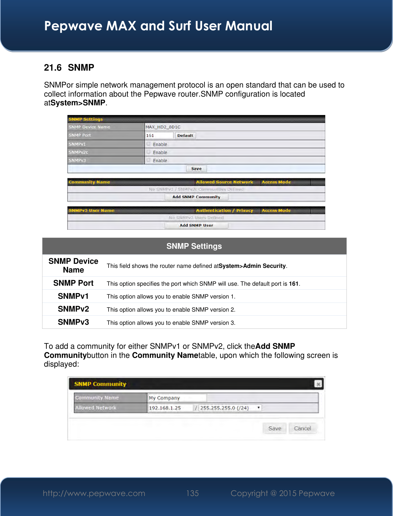  Pepwave MAX and Surf User Manual http://www.pepwave.com 135 Copyright @ 2015 Pepwave   21.6  SNMP SNMPor simple network management protocol is an open standard that can be used to collect information about the Pepwave router.SNMP configuration is located atSystem&gt;SNMP.  SNMP Settings SNMP Device Name This field shows the router name defined atSystem&gt;Admin Security. SNMP Port This option specifies the port which SNMP will use. The default port is 161. SNMPv1 This option allows you to enable SNMP version 1. SNMPv2 This option allows you to enable SNMP version 2. SNMPv3 This option allows you to enable SNMP version 3.  To add a community for either SNMPv1 or SNMPv2, click theAdd SNMP Communitybutton in the Community Nametable, upon which the following screen is displayed:     