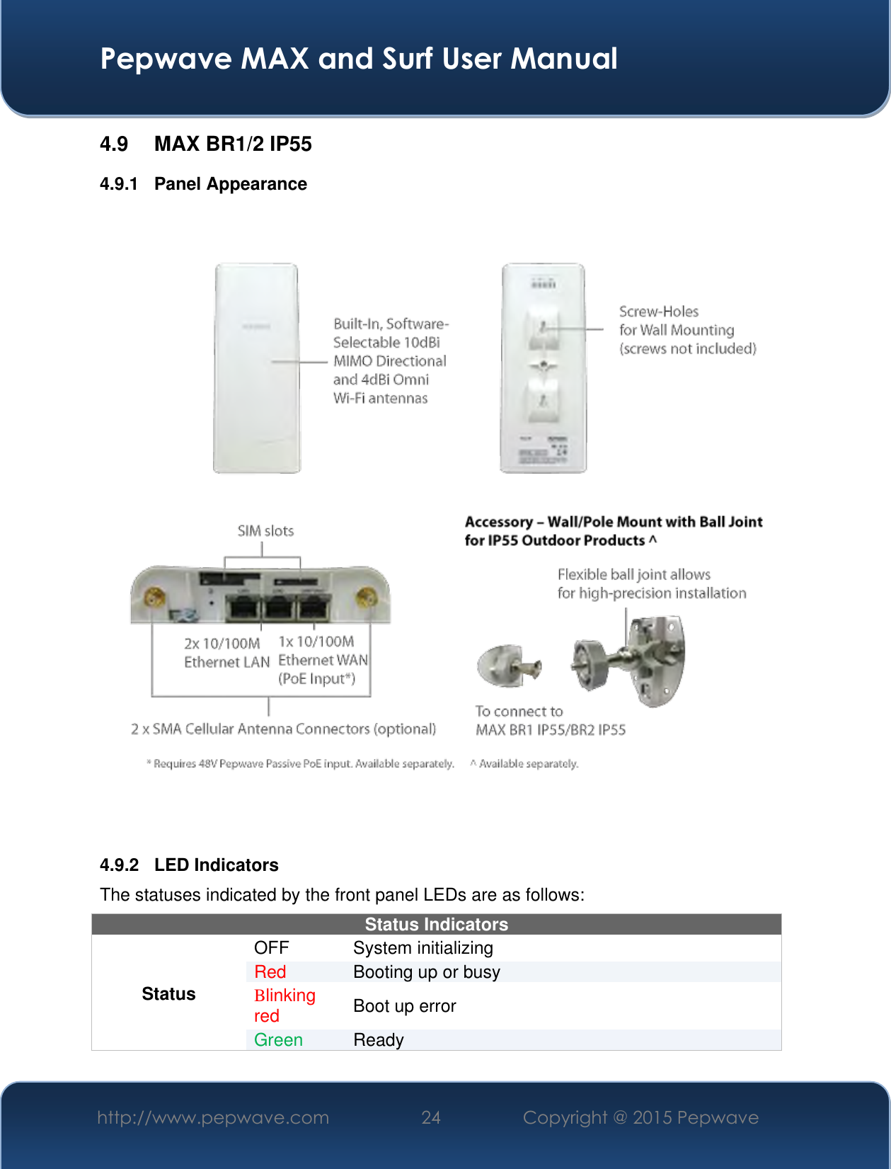  Pepwave MAX and Surf User Manual http://www.pepwave.com 24 Copyright @ 2015 Pepwave   4.9  MAX BR1/2 IP55 4.9.1  Panel Appearance  4.9.2  LED Indicators The statuses indicated by the front panel LEDs are as follows: Status Indicators Status OFF  System initializing Red Booting up or busy Blinking red Boot up error Green Ready   