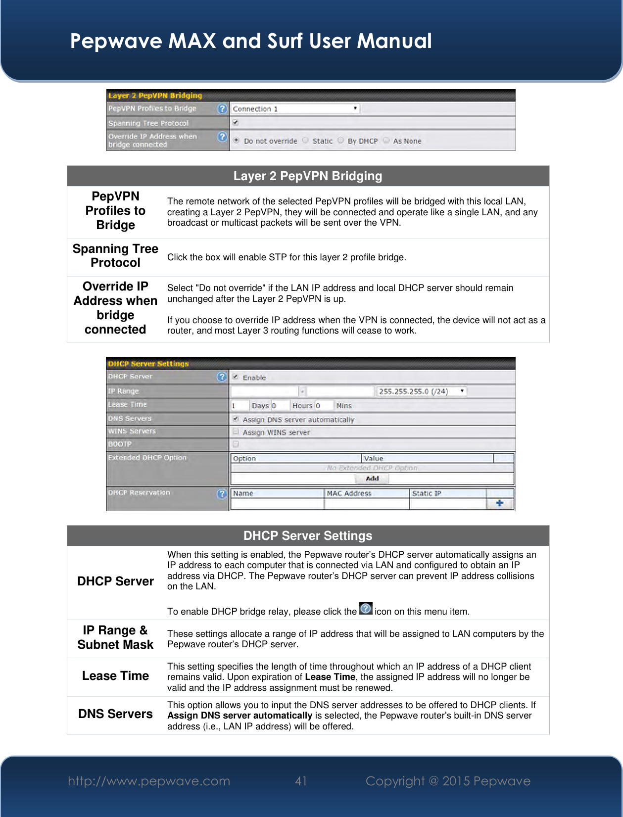  Pepwave MAX and Surf User Manual http://www.pepwave.com 41 Copyright @ 2015 Pepwave     Layer 2 PepVPN Bridging PepVPN Profiles to Bridge The remote network of the selected PepVPN profiles will be bridged with this local LAN, creating a Layer 2 PepVPN, they will be connected and operate like a single LAN, and any broadcast or multicast packets will be sent over the VPN. Spanning Tree Protocol Click the box will enable STP for this layer 2 profile bridge. Override IP Address when bridge connected Select &quot;Do not override&quot; if the LAN IP address and local DHCP server should remain unchanged after the Layer 2 PepVPN is up.  If you choose to override IP address when the VPN is connected, the device will not act as a router, and most Layer 3 routing functions will cease to work.    DHCP Server Settings DHCP Server When this setting is enabled, the Pepwave router’s DHCP server automatically assigns an IP address to each computer that is connected via LAN and configured to obtain an IP address via DHCP. The Pepwave router’s DHCP server can prevent IP address collisions on the LAN.  To enable DHCP bridge relay, please click the   icon on this menu item. IP Range &amp; Subnet Mask These settings allocate a range of IP address that will be assigned to LAN computers by the Pepwave router’s DHCP server. Lease Time This setting specifies the length of time throughout which an IP address of a DHCP client remains valid. Upon expiration of Lease Time, the assigned IP address will no longer be valid and the IP address assignment must be renewed. DNS Servers This option allows you to input the DNS server addresses to be offered to DHCP clients. If Assign DNS server automatically is selected, the Pepwave router’s built-in DNS server address (i.e., LAN IP address) will be offered. 